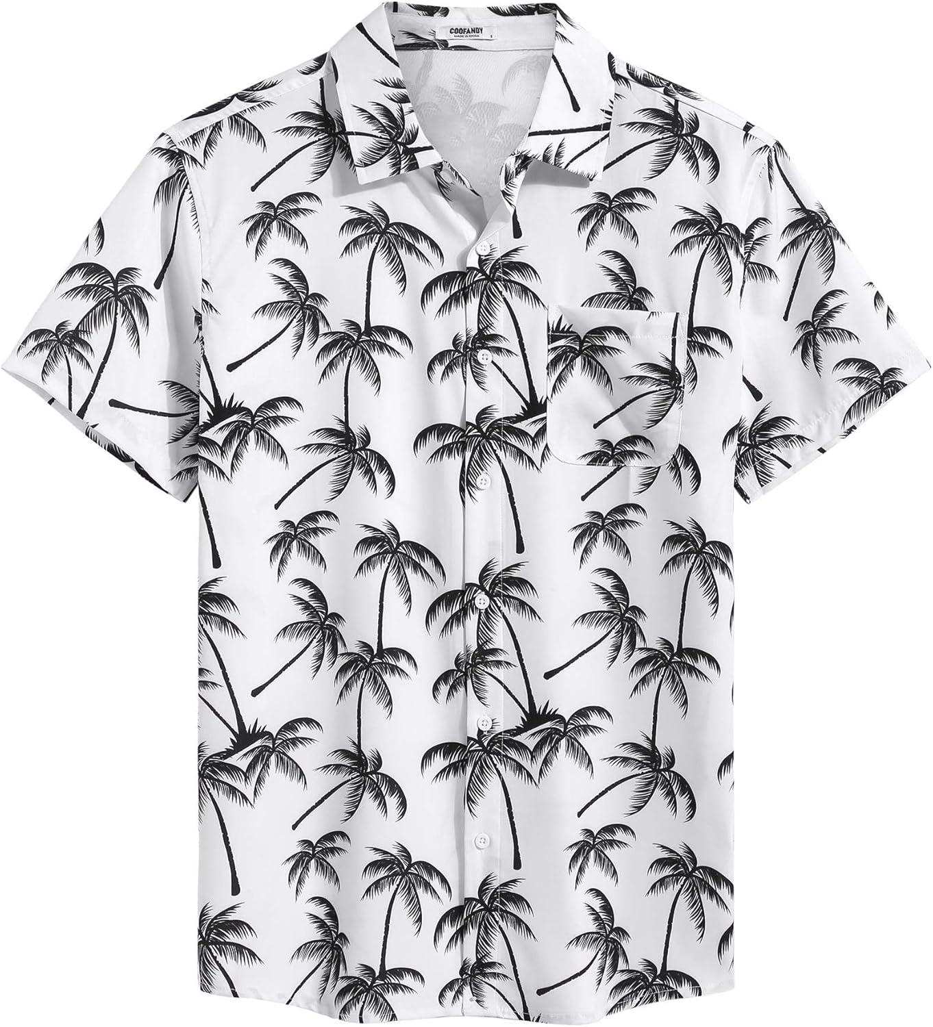 imageCOOFANDY Mens Casual Short Sleeve Shirts Summer Beach Shirt Button Down Textured Shirts Vacation Hawaiian ShirtsWhitecoconut Tree