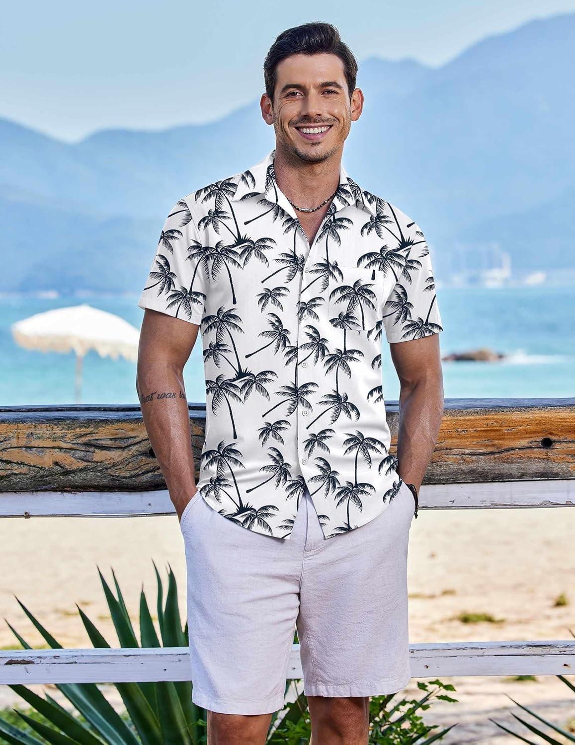 imageCOOFANDY Mens Casual Short Sleeve Shirts Summer Beach Shirt Button Down Textured Shirts Vacation Hawaiian ShirtsWhitecoconut Tree