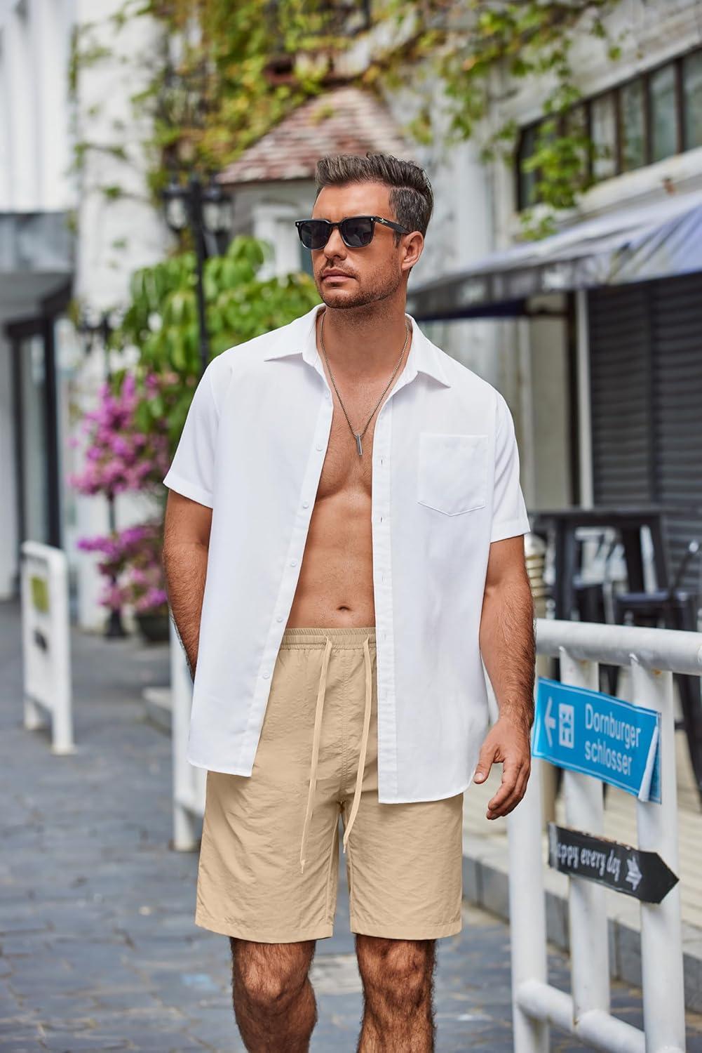 imageCOOFANDY Mens Casual Shorts Elastic Waist Drawstring Lightweight Dry Quick Summer Beach ShortsLight Khaki