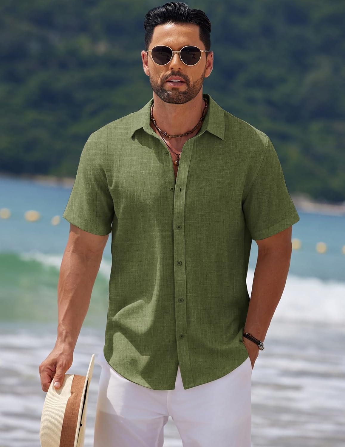 imageCOOFANDY Mens Casual Summer Beach Shirt Short Sleeve Button Down Shirt Vacation Wedding Shirt Linen Textured ShirtsArmy Green