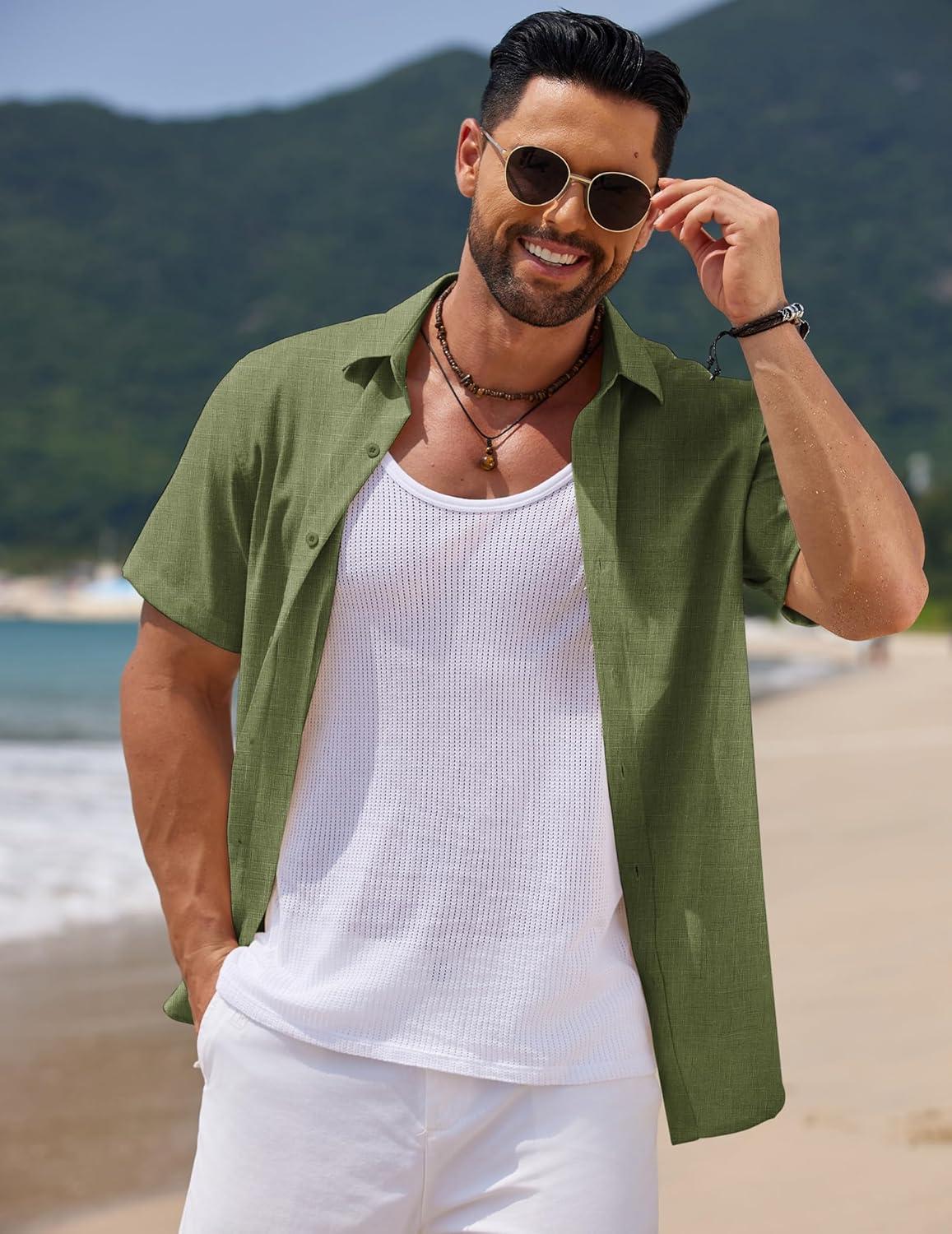 imageCOOFANDY Mens Casual Summer Beach Shirt Short Sleeve Button Down Shirt Vacation Wedding Shirt Linen Textured ShirtsArmy Green
