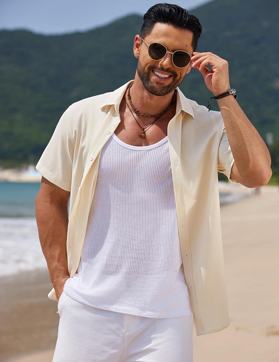 imageCOOFANDY Mens Casual Summer Beach Shirt Short Sleeve Button Down Shirt Vacation Wedding Shirt Linen Textured ShirtsBeige
