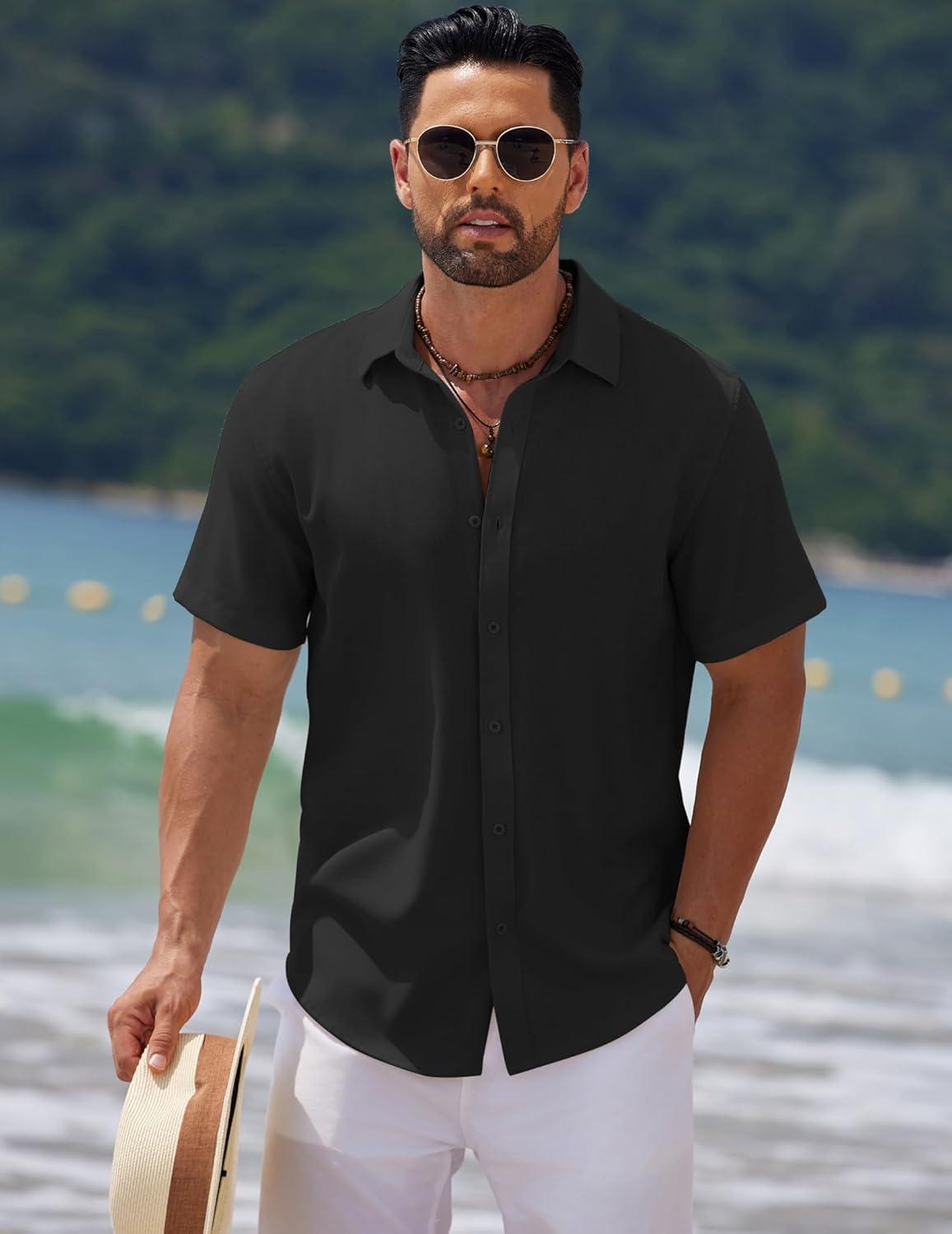 imageCOOFANDY Mens Casual Summer Beach Shirt Short Sleeve Button Down Shirt Vacation Wedding Shirt Linen Textured ShirtsBlack
