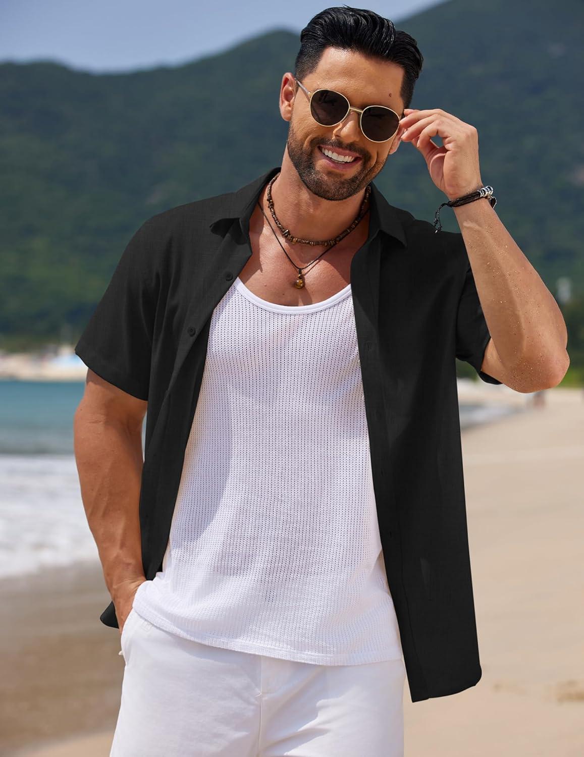 imageCOOFANDY Mens Casual Summer Beach Shirt Short Sleeve Button Down Shirt Vacation Wedding Shirt Linen Textured ShirtsBlack