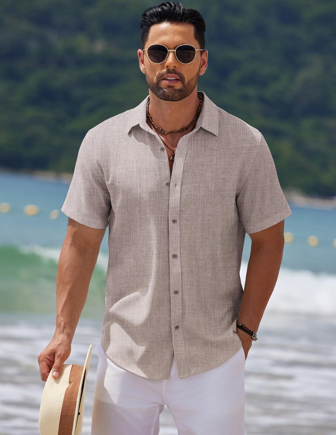 imageCOOFANDY Mens Casual Summer Beach Shirt Short Sleeve Button Down Shirt Vacation Wedding Shirt Linen Textured ShirtsChampagne