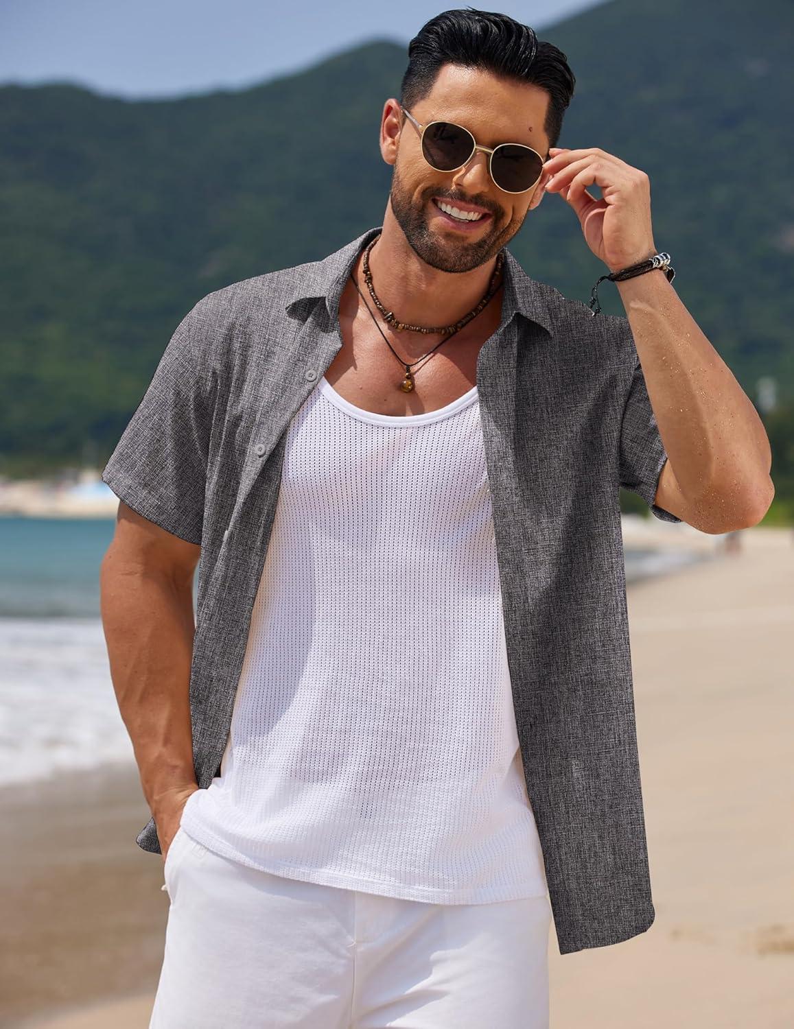 imageCOOFANDY Mens Casual Summer Beach Shirt Short Sleeve Button Down Shirt Vacation Wedding Shirt Linen Textured ShirtsDark Grey