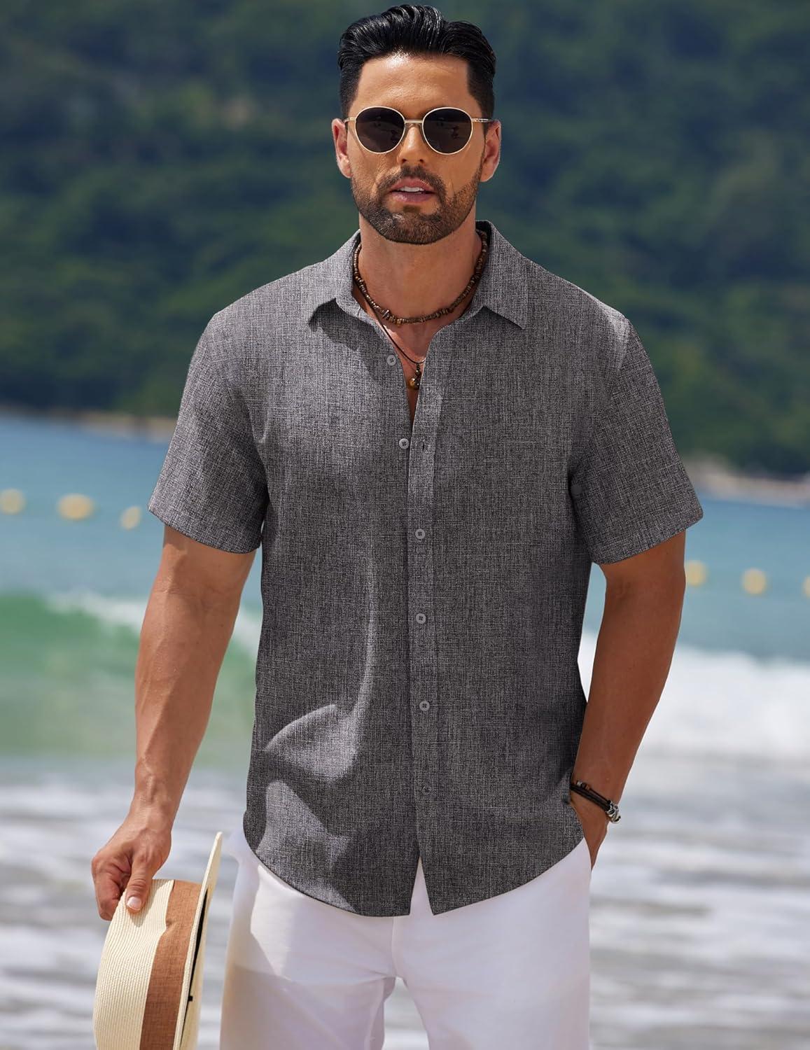 imageCOOFANDY Mens Casual Summer Beach Shirt Short Sleeve Button Down Shirt Vacation Wedding Shirt Linen Textured ShirtsDark Grey