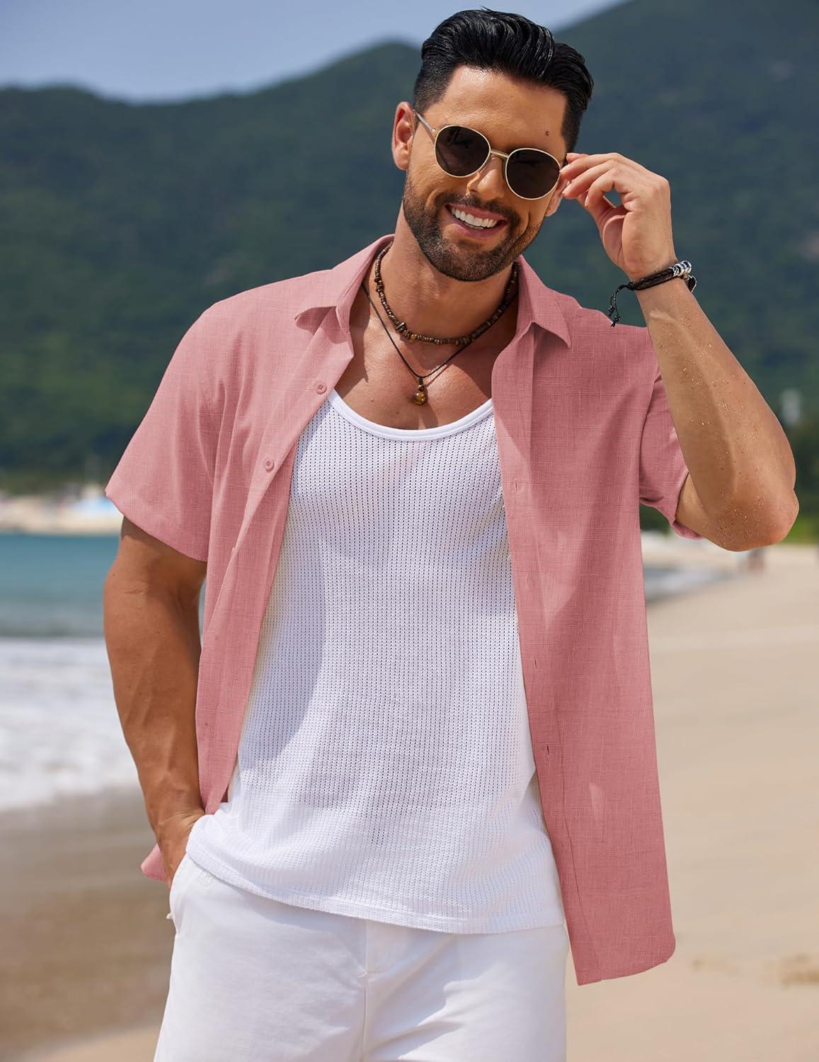 imageCOOFANDY Mens Casual Summer Beach Shirt Short Sleeve Button Down Shirt Vacation Wedding Shirt Linen Textured ShirtsDark Pink