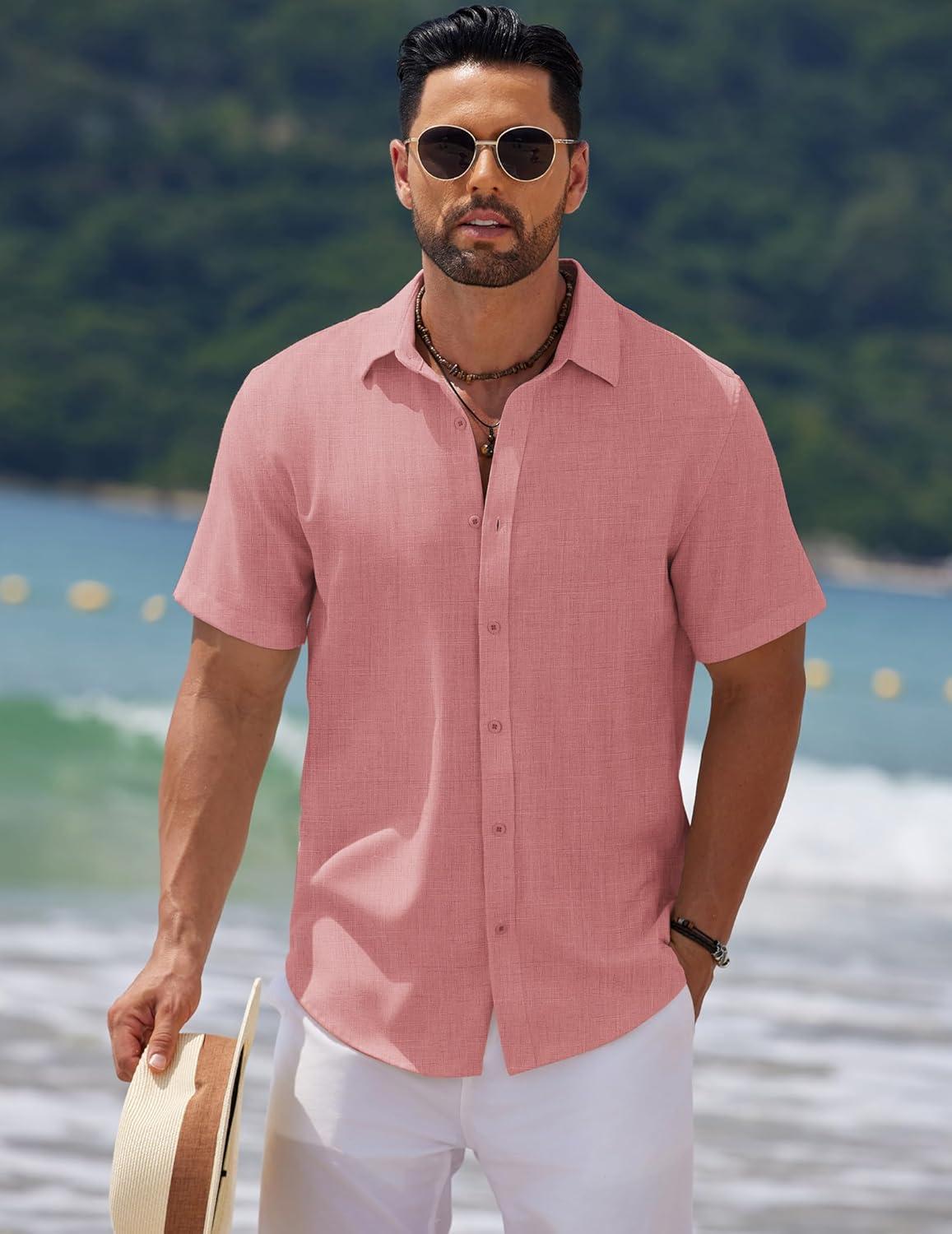 imageCOOFANDY Mens Casual Summer Beach Shirt Short Sleeve Button Down Shirt Vacation Wedding Shirt Linen Textured ShirtsDark Pink
