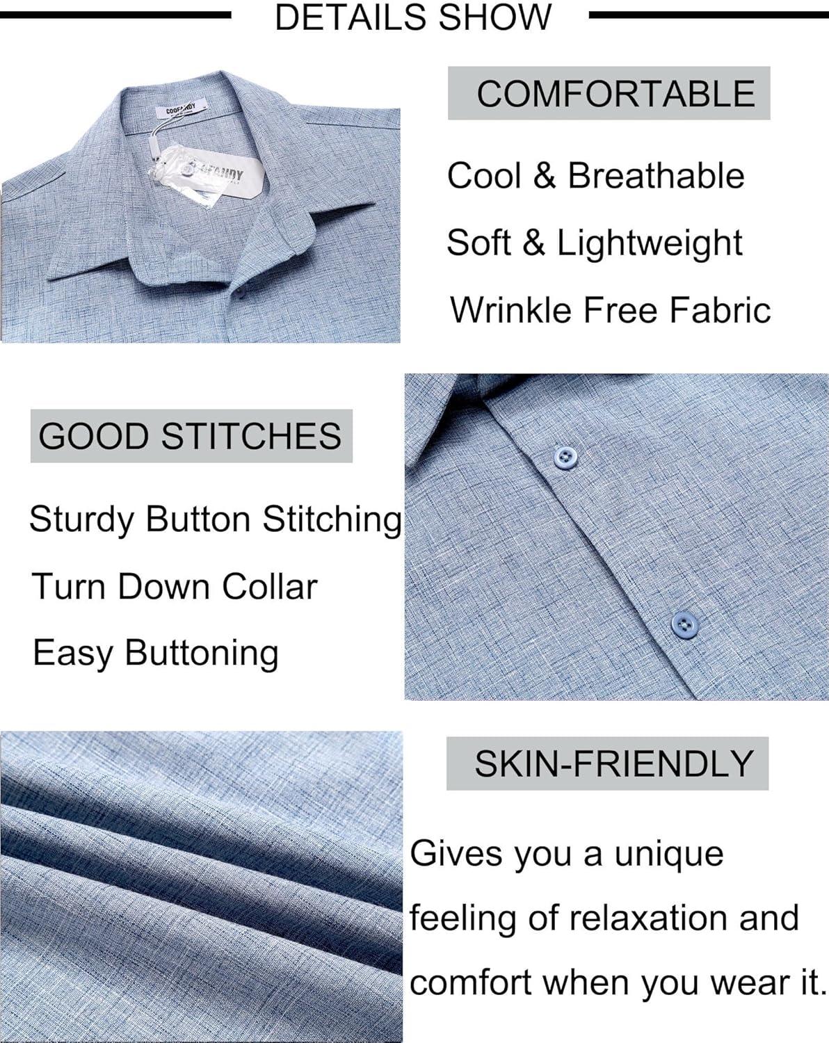 imageCOOFANDY Mens Casual Summer Beach Shirt Short Sleeve Button Down Shirt Vacation Wedding Shirt Linen Textured ShirtsDemin Blue