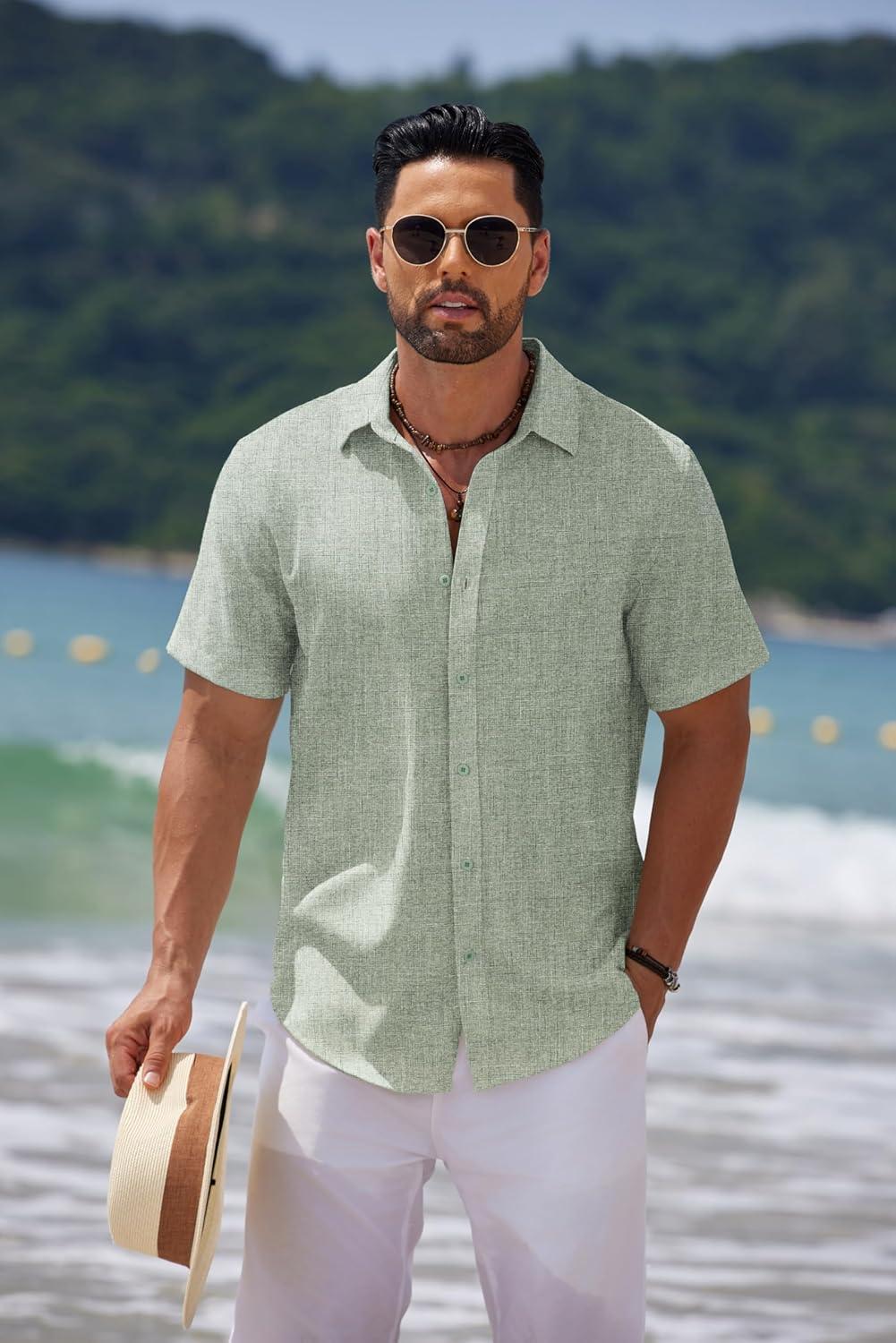 imageCOOFANDY Mens Casual Summer Beach Shirt Short Sleeve Button Down Shirt Vacation Wedding Shirt Linen Textured ShirtsGreen