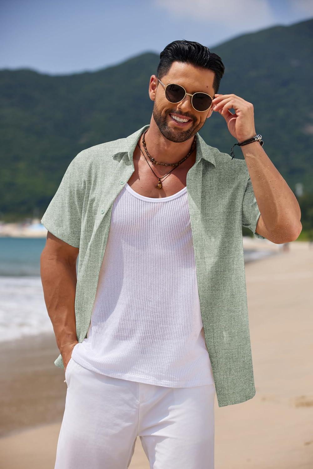 imageCOOFANDY Mens Casual Summer Beach Shirt Short Sleeve Button Down Shirt Vacation Wedding Shirt Linen Textured ShirtsGreen