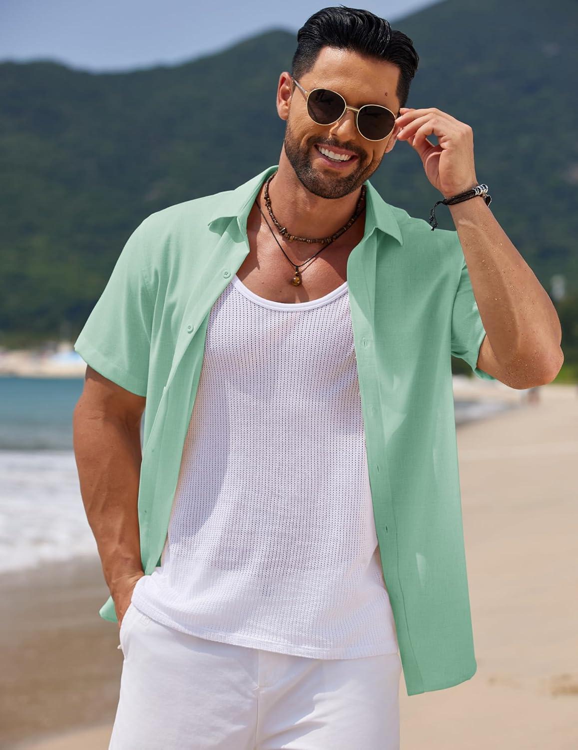 imageCOOFANDY Mens Casual Summer Beach Shirt Short Sleeve Button Down Shirt Vacation Wedding Shirt Linen Textured ShirtsIce Green