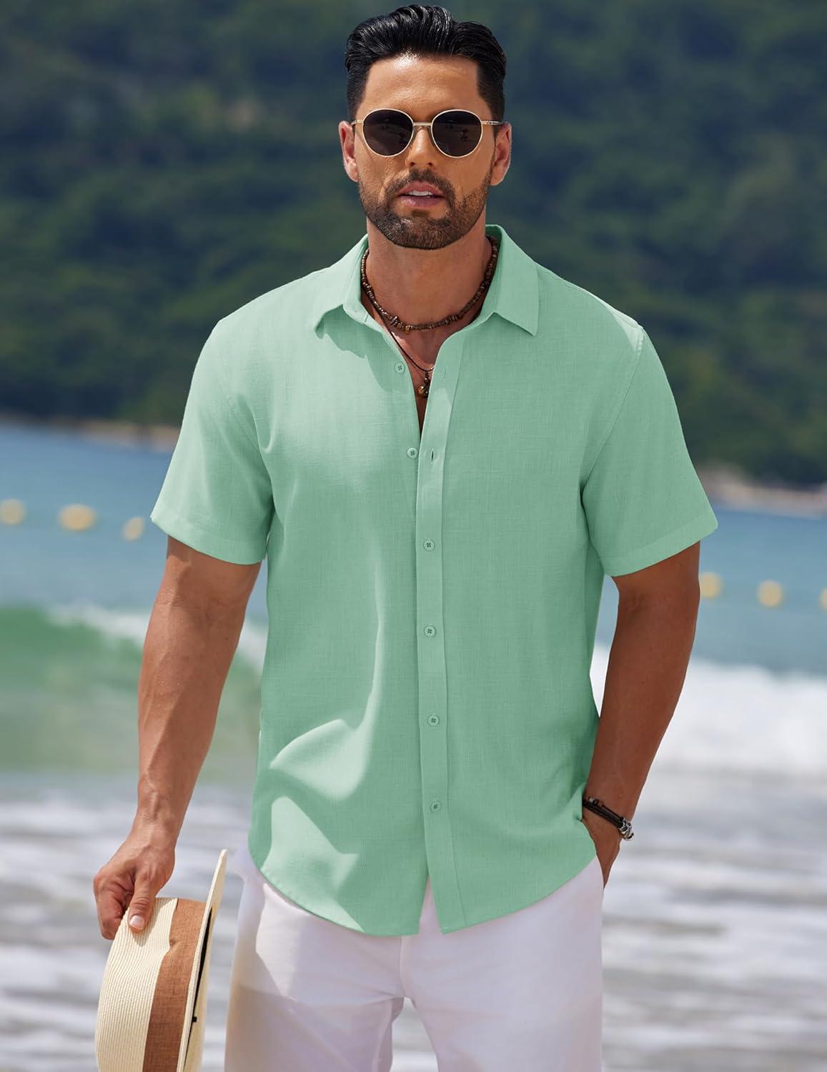 imageCOOFANDY Mens Casual Summer Beach Shirt Short Sleeve Button Down Shirt Vacation Wedding Shirt Linen Textured ShirtsIce Green