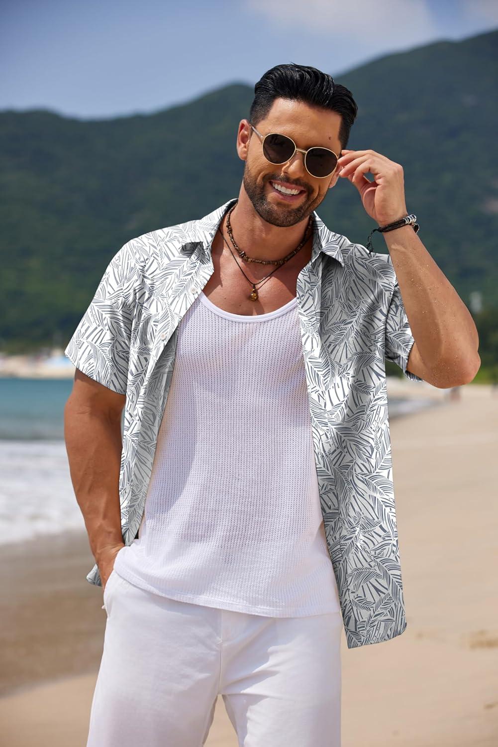 imageCOOFANDY Mens Casual Summer Beach Shirt Short Sleeve Button Down Shirt Vacation Wedding Shirt Linen Textured ShirtsLeaf