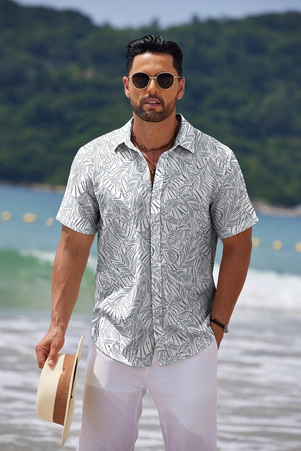 imageCOOFANDY Mens Casual Summer Beach Shirt Short Sleeve Button Down Shirt Vacation Wedding Shirt Linen Textured ShirtsLeaf