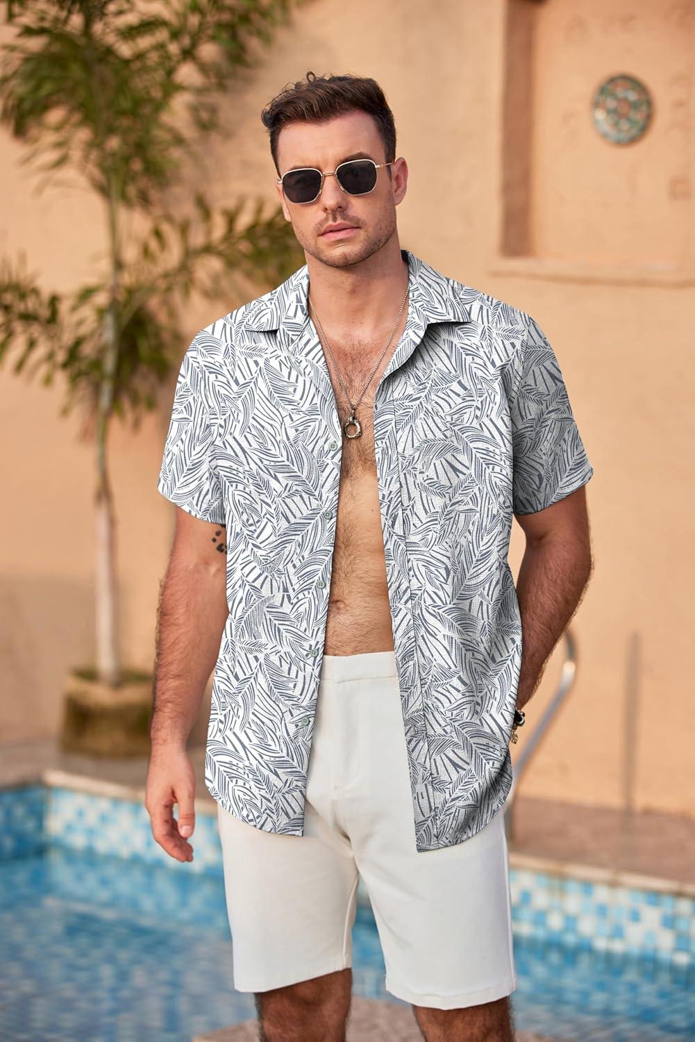 imageCOOFANDY Mens Casual Summer Beach Shirt Short Sleeve Button Down Shirt Vacation Wedding Shirt Linen Textured ShirtsLeaf