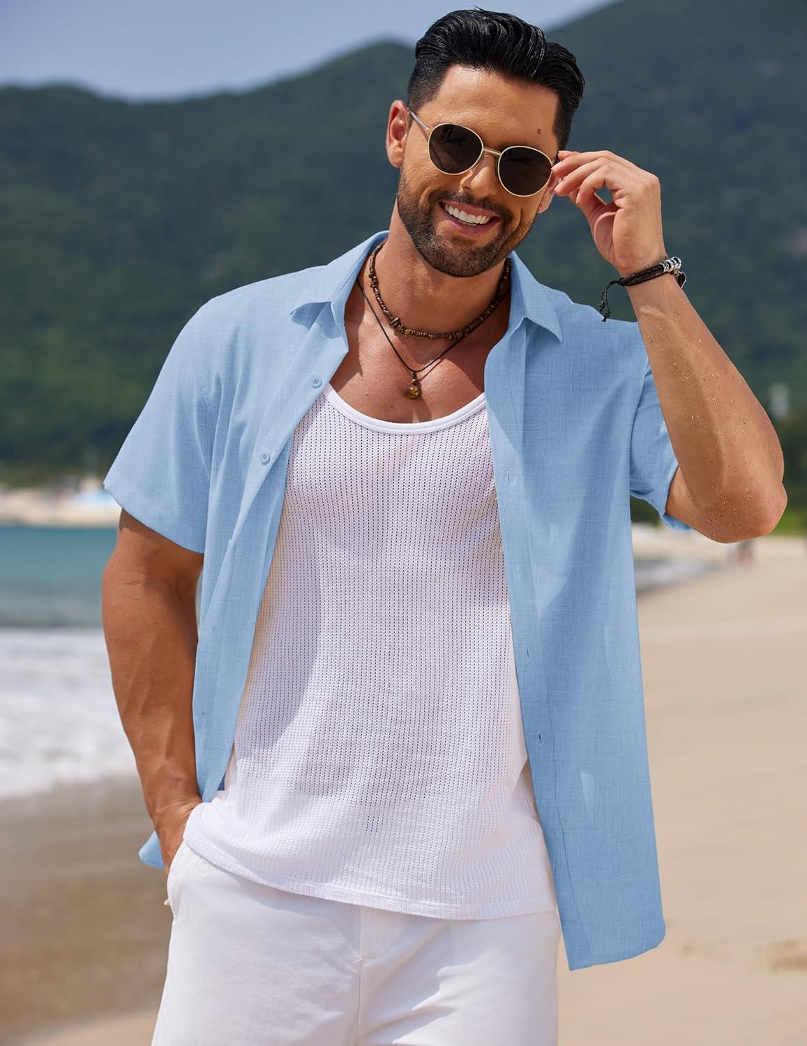 imageCOOFANDY Mens Casual Summer Beach Shirt Short Sleeve Button Down Shirt Vacation Wedding Shirt Linen Textured ShirtsLight Blue