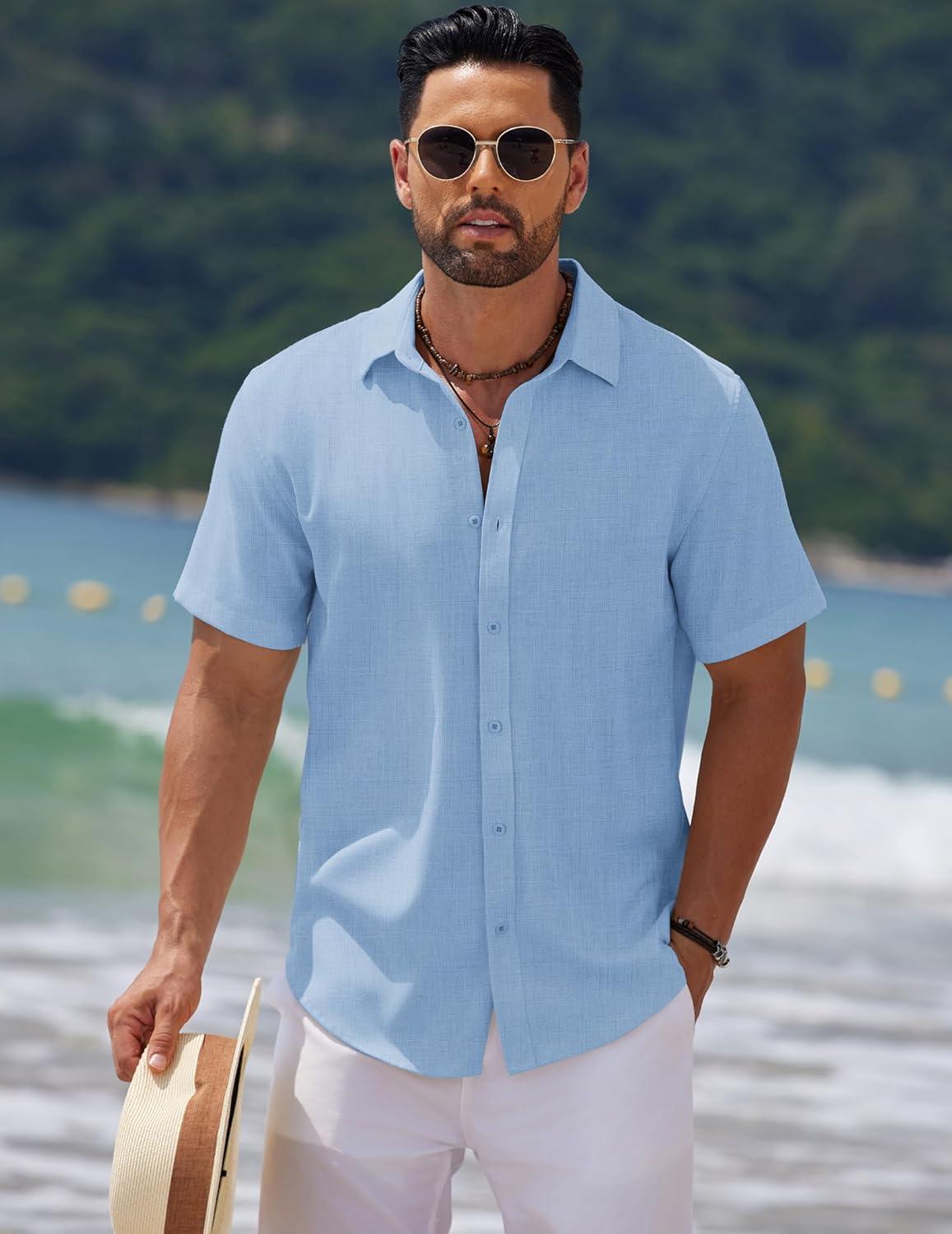 imageCOOFANDY Mens Casual Summer Beach Shirt Short Sleeve Button Down Shirt Vacation Wedding Shirt Linen Textured ShirtsLight Blue