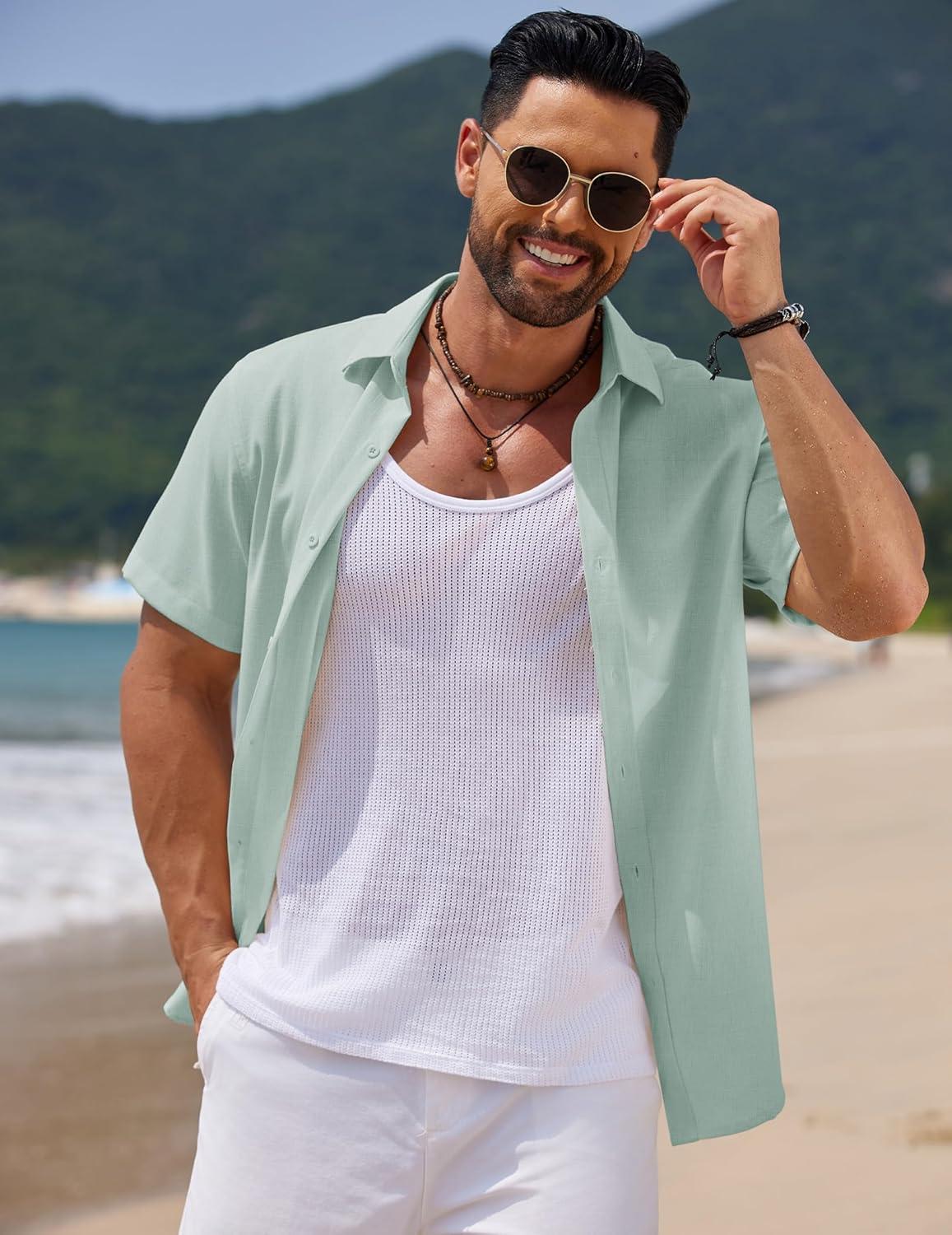 imageCOOFANDY Mens Casual Summer Beach Shirt Short Sleeve Button Down Shirt Vacation Wedding Shirt Linen Textured ShirtsLight Green