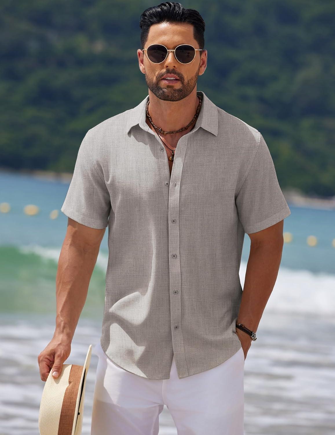 imageCOOFANDY Mens Casual Summer Beach Shirt Short Sleeve Button Down Shirt Vacation Wedding Shirt Linen Textured ShirtsLight Grey