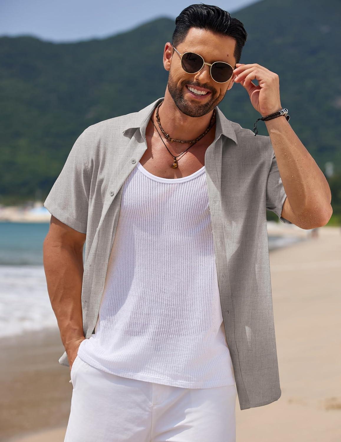 imageCOOFANDY Mens Casual Summer Beach Shirt Short Sleeve Button Down Shirt Vacation Wedding Shirt Linen Textured ShirtsLight Grey