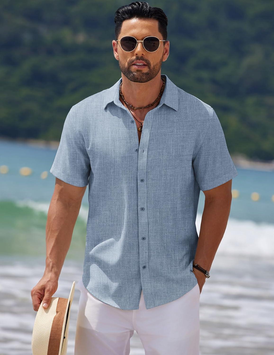 imageCOOFANDY Mens Casual Summer Beach Shirt Short Sleeve Button Down Shirt Vacation Wedding Shirt Linen Textured ShirtsNavy