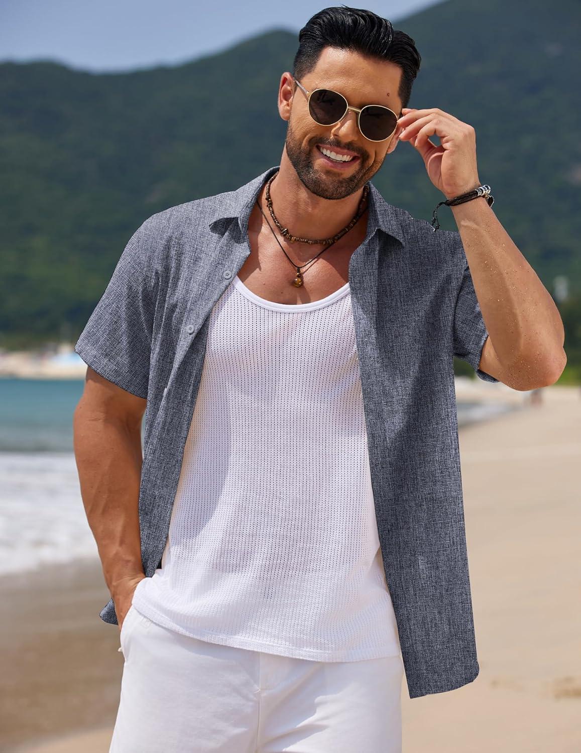 imageCOOFANDY Mens Casual Summer Beach Shirt Short Sleeve Button Down Shirt Vacation Wedding Shirt Linen Textured ShirtsNavy Blue