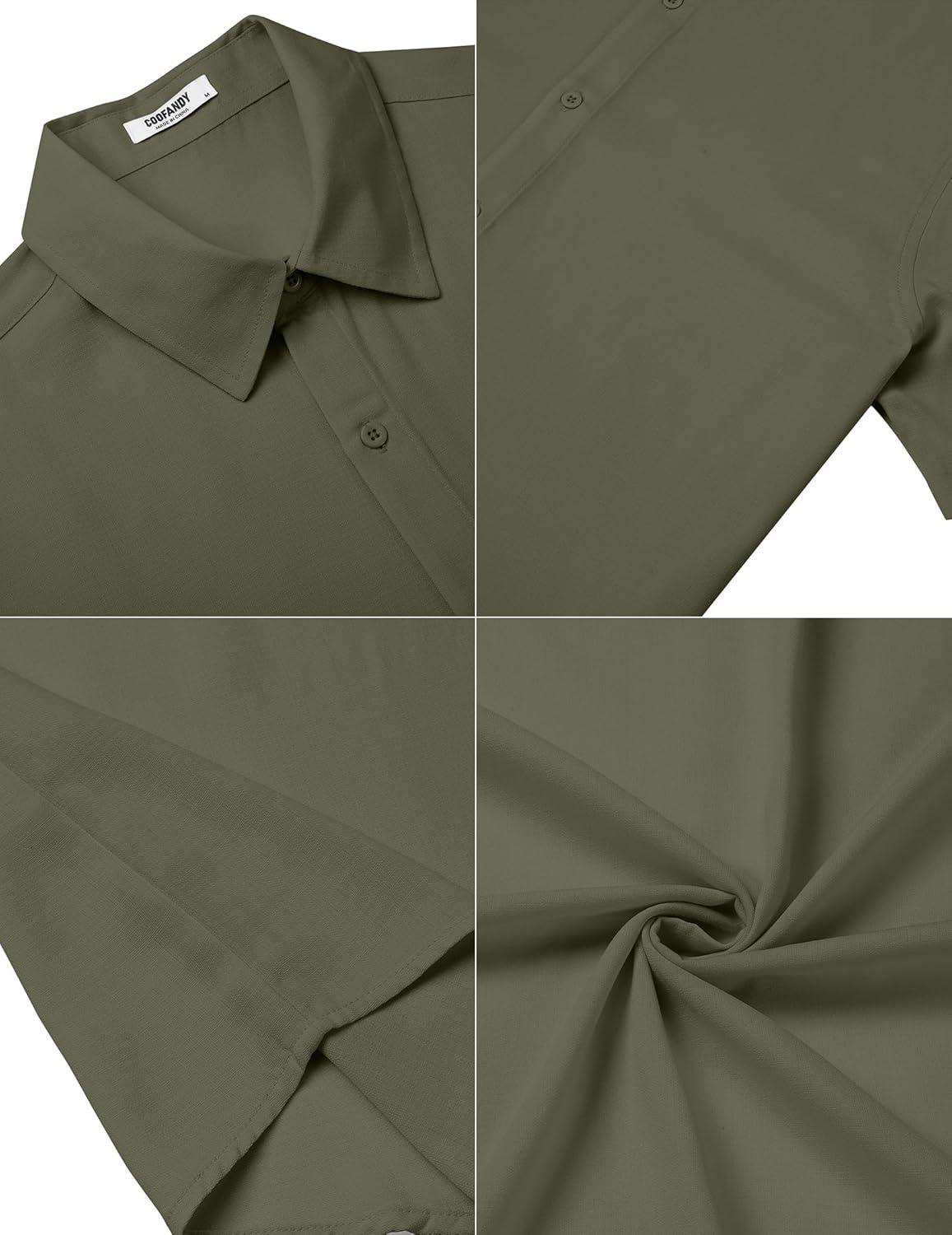 imageCOOFANDY Mens Casual Summer Beach Shirt Short Sleeve Button Down Shirt Vacation Wedding Shirt Linen Textured ShirtsOlive Drab