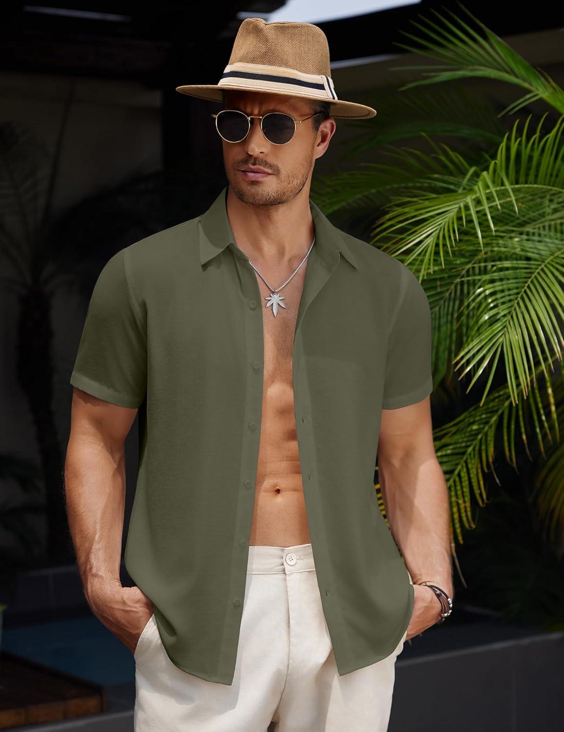 imageCOOFANDY Mens Casual Summer Beach Shirt Short Sleeve Button Down Shirt Vacation Wedding Shirt Linen Textured ShirtsOlive Drab