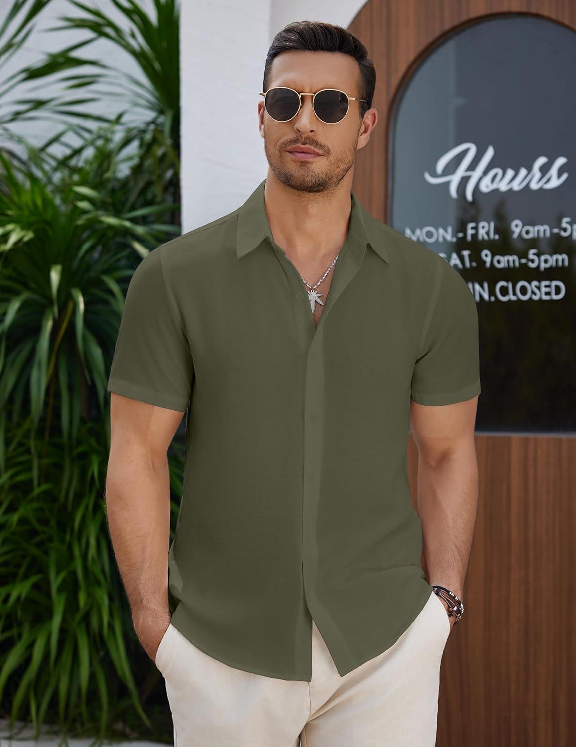 imageCOOFANDY Mens Casual Summer Beach Shirt Short Sleeve Button Down Shirt Vacation Wedding Shirt Linen Textured ShirtsOlive Drab