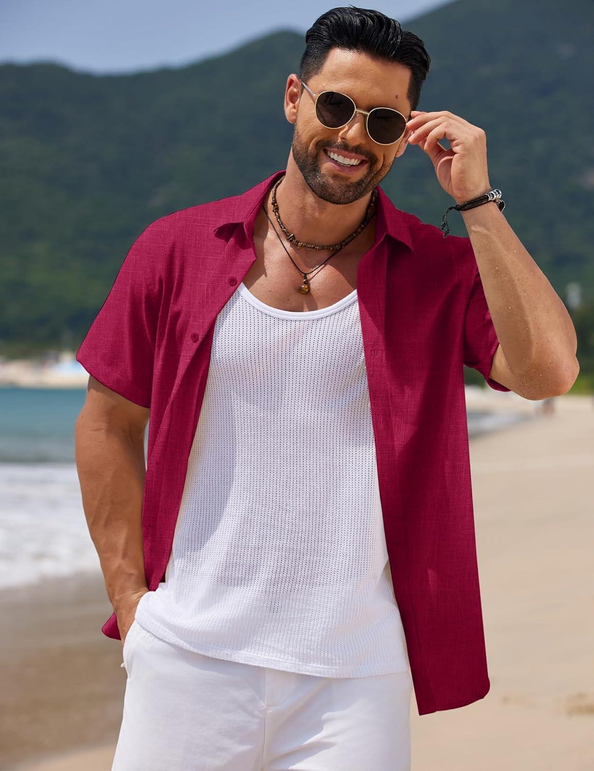 imageCOOFANDY Mens Casual Summer Beach Shirt Short Sleeve Button Down Shirt Vacation Wedding Shirt Linen Textured ShirtsWine Red