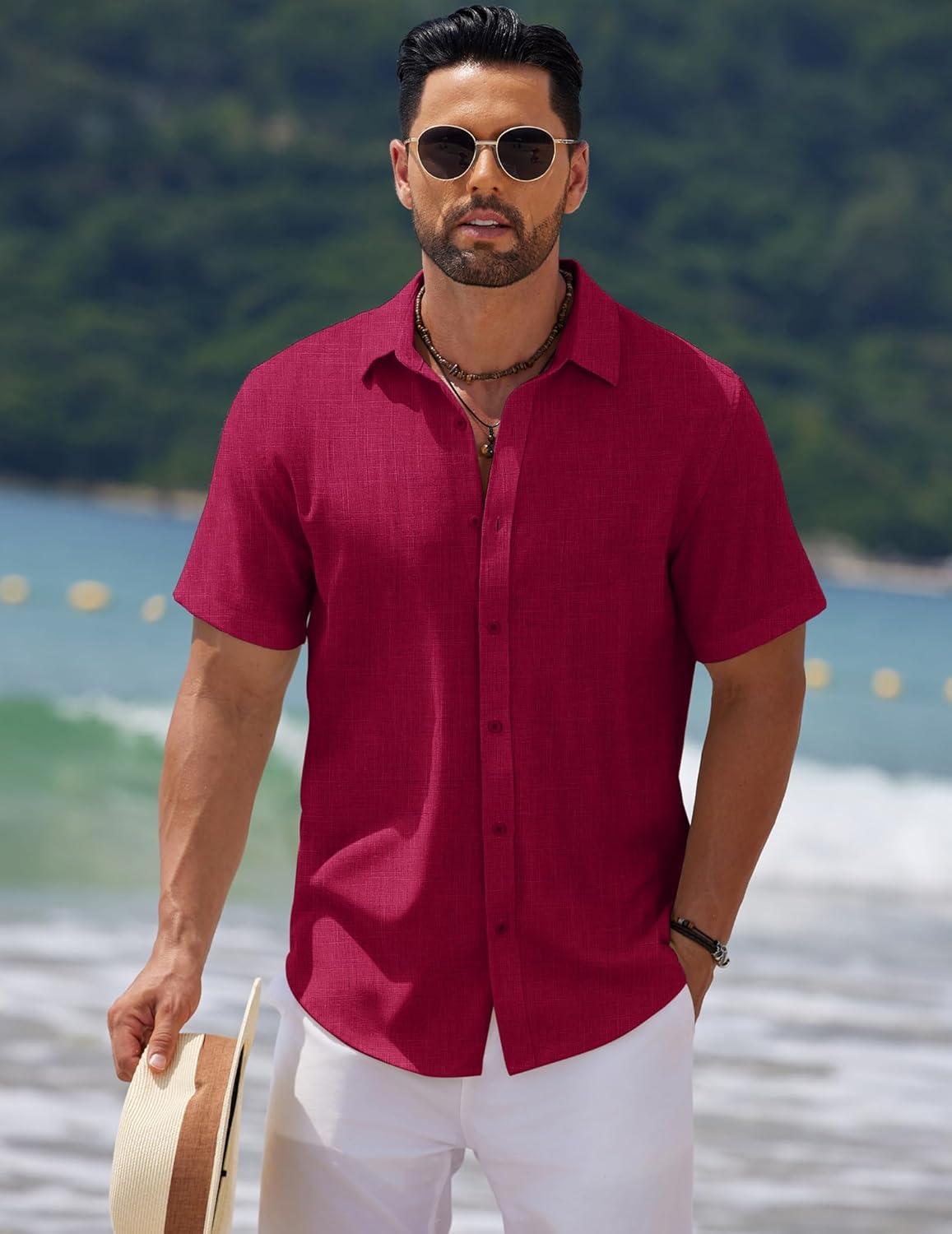 imageCOOFANDY Mens Casual Summer Beach Shirt Short Sleeve Button Down Shirt Vacation Wedding Shirt Linen Textured ShirtsWine Red
