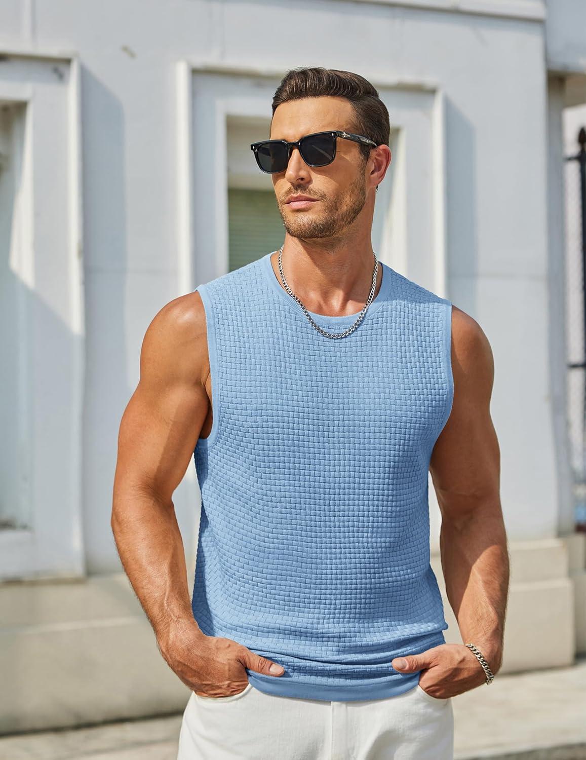 imageCOOFANDY Mens Casual Tank Tops Knit Sleeveless Shirt Summer Beach Tank Shirt Breathable Muscle T ShirtsLight Blue