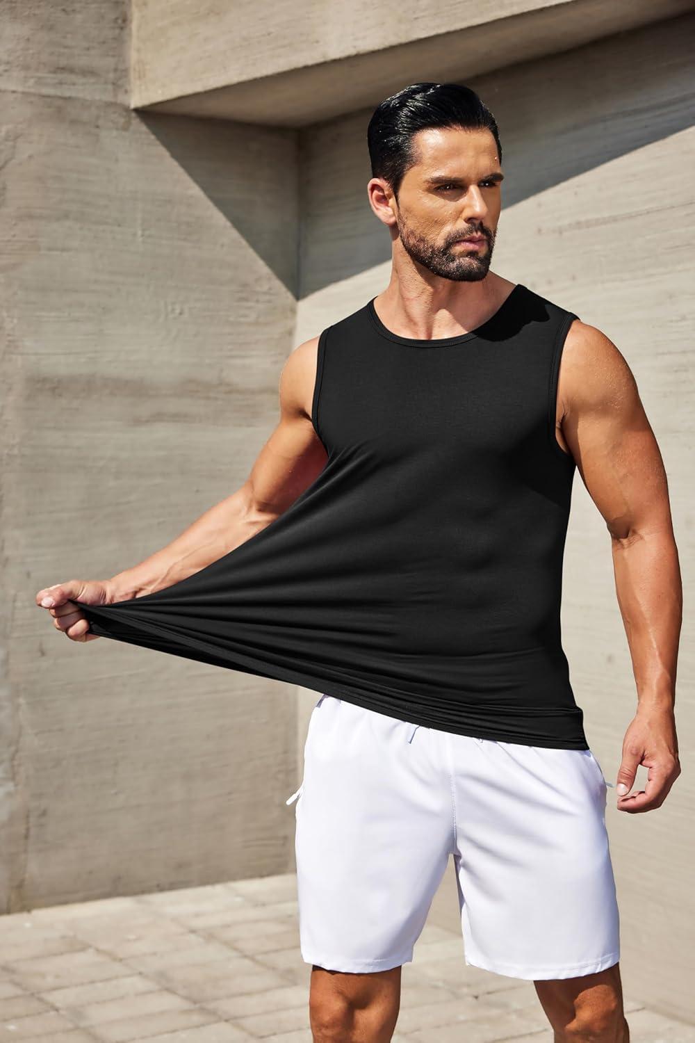 imageCOOFANDY Mens Casual Tank Tops Moisture Wicking Muscle Sleeveless Shirts Soft Bamboo Viscose Tank Shirt 2 PackBlackArmy Green