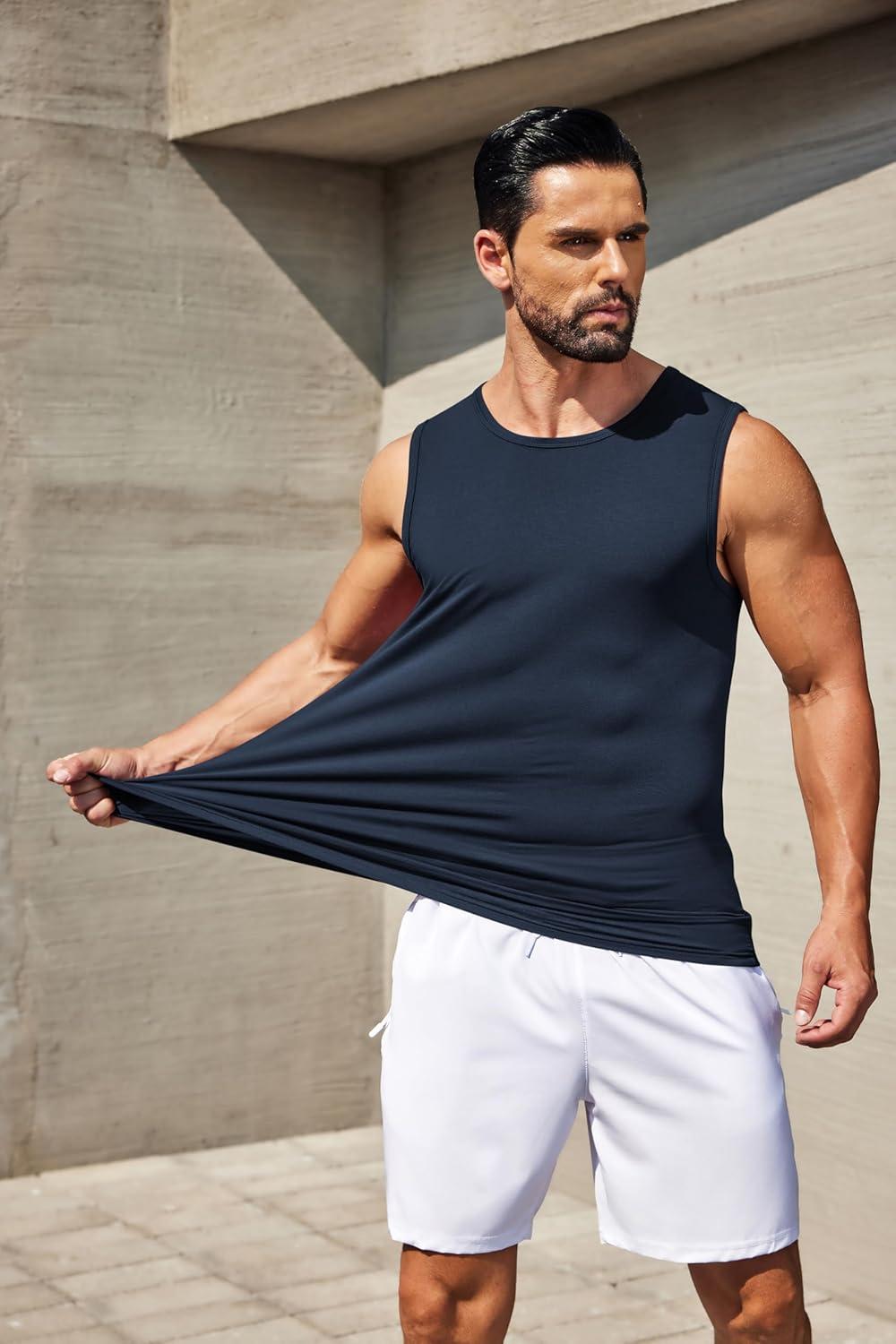 imageCOOFANDY Mens Casual Tank Tops Moisture Wicking Muscle Sleeveless Shirts Soft Bamboo Viscose Tank Shirt 2 PackBlueNavy Blue