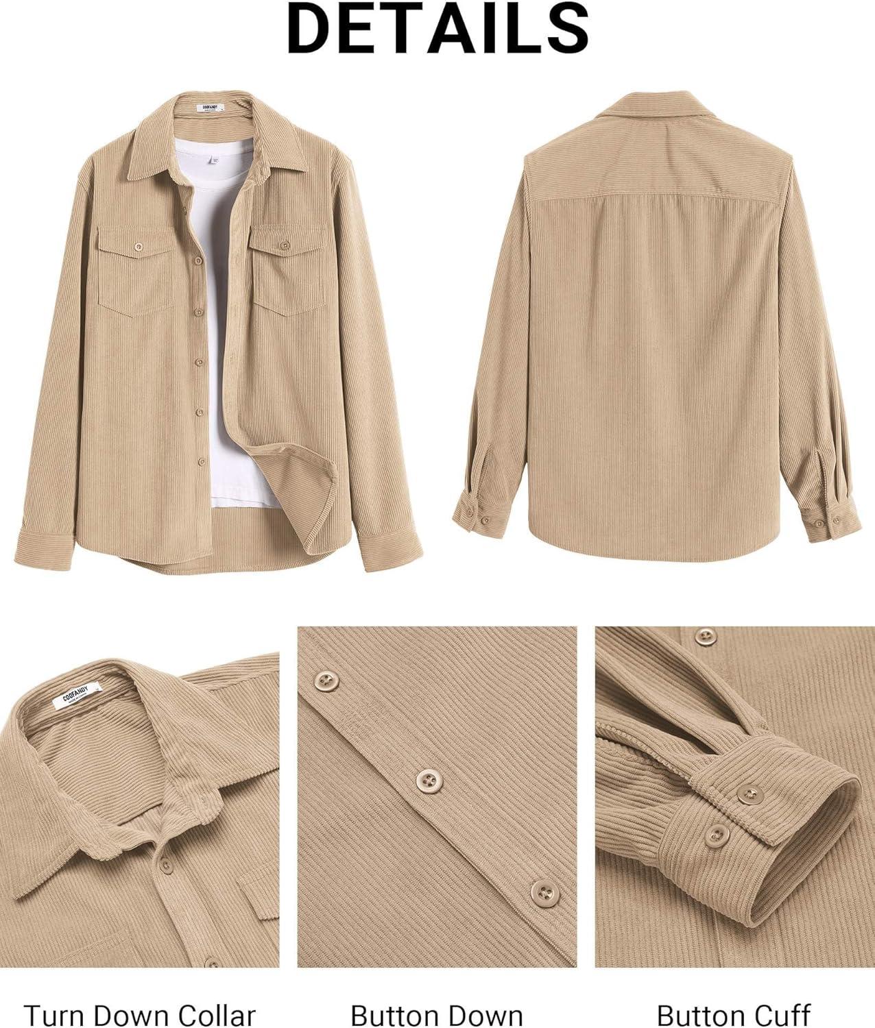 imageCOOFANDY Mens Corduroy Button Down Shirts Jackets Casual Long Sleeve Shacket Lightweight Overshirts with Flap PocketsBeige