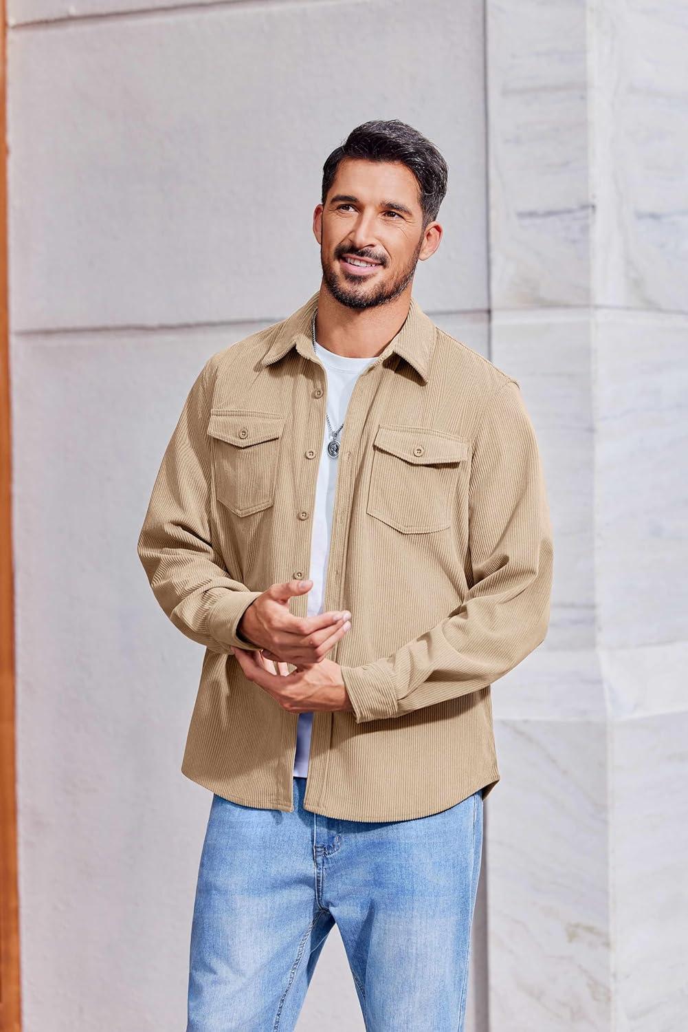imageCOOFANDY Mens Corduroy Button Down Shirts Jackets Casual Long Sleeve Shacket Lightweight Overshirts with Flap PocketsBeige