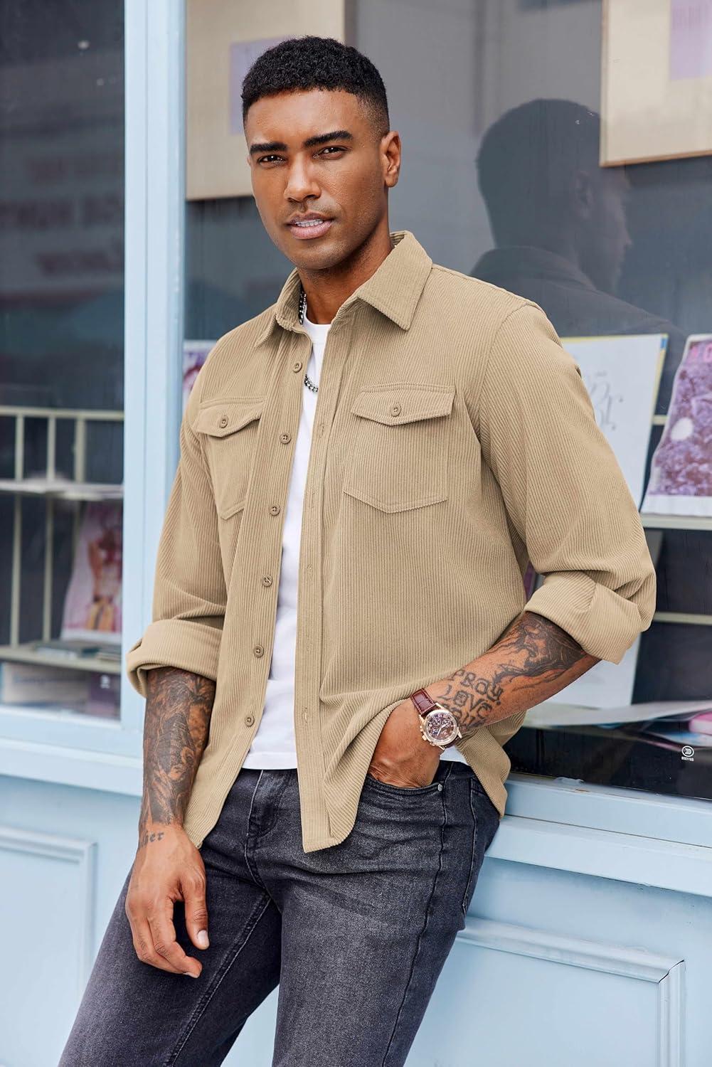 imageCOOFANDY Mens Corduroy Button Down Shirts Jackets Casual Long Sleeve Shacket Lightweight Overshirts with Flap PocketsBeige