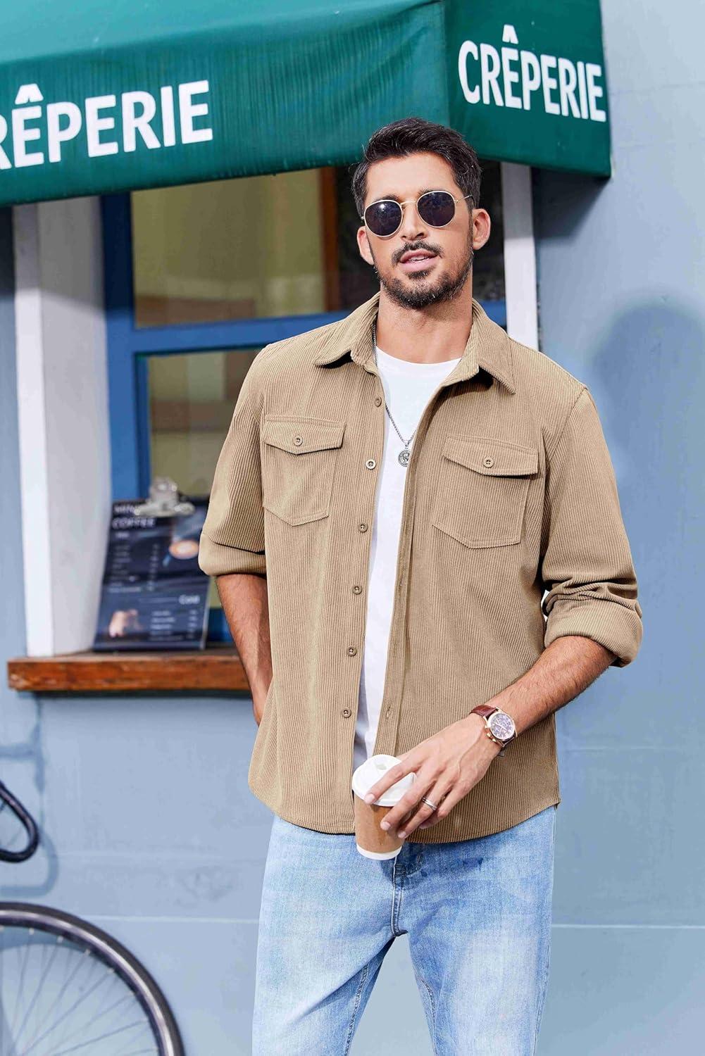 imageCOOFANDY Mens Corduroy Button Down Shirts Jackets Casual Long Sleeve Shacket Lightweight Overshirts with Flap PocketsBeige