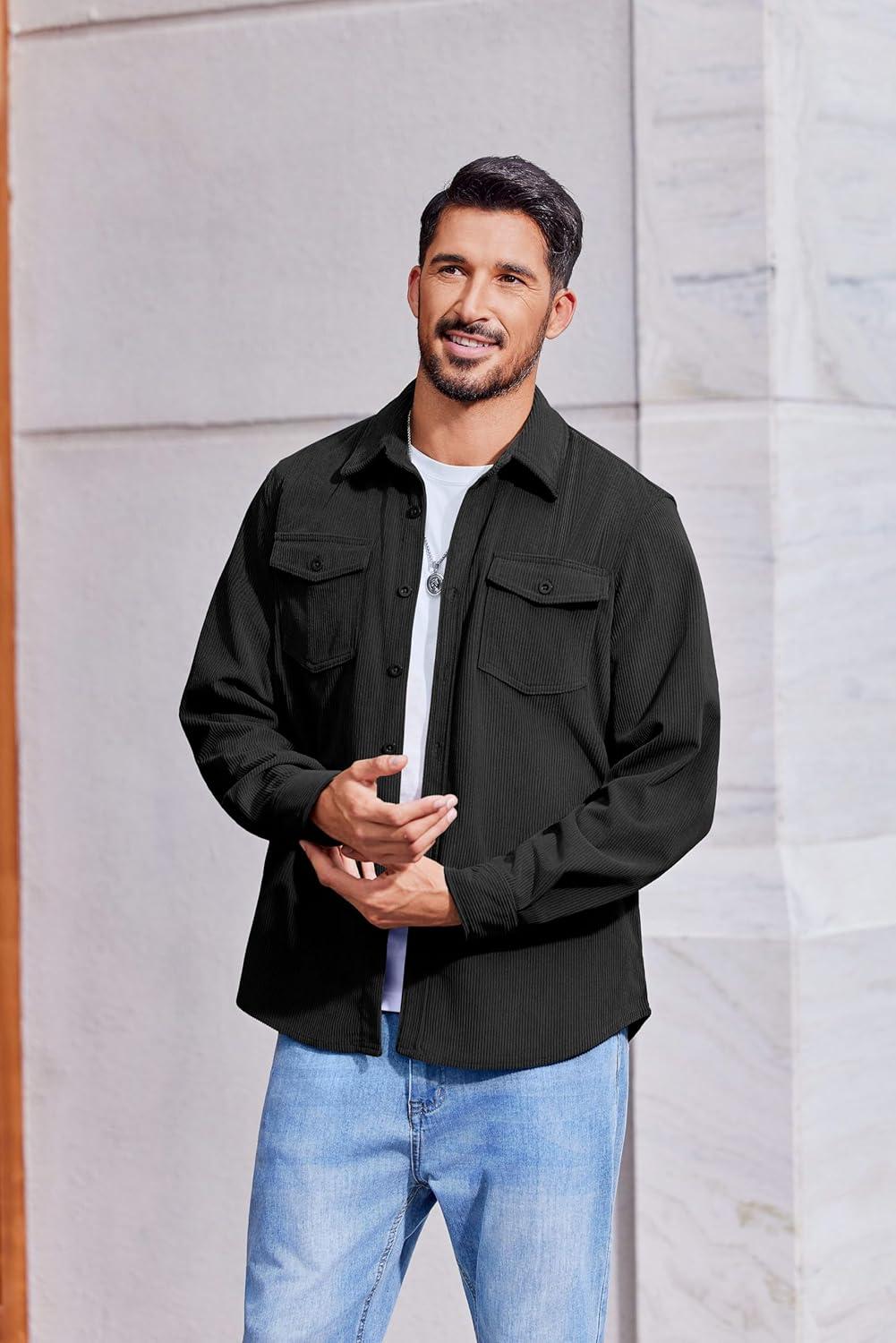 imageCOOFANDY Mens Corduroy Button Down Shirts Jackets Casual Long Sleeve Shacket Lightweight Overshirts with Flap PocketsBlack