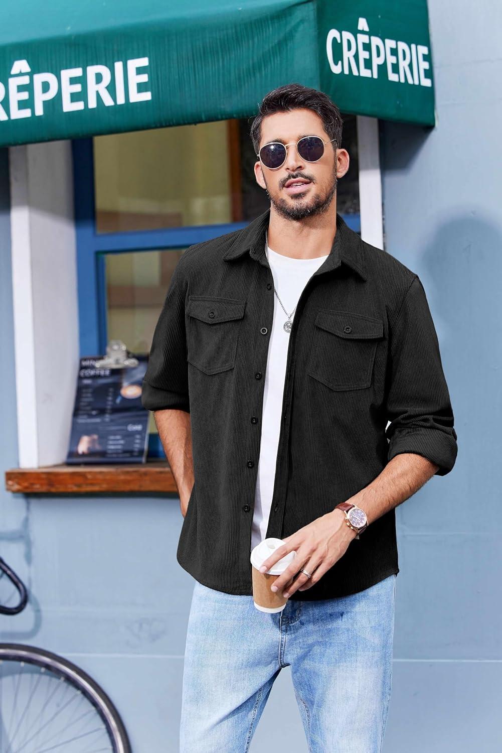 imageCOOFANDY Mens Corduroy Button Down Shirts Jackets Casual Long Sleeve Shacket Lightweight Overshirts with Flap PocketsBlack