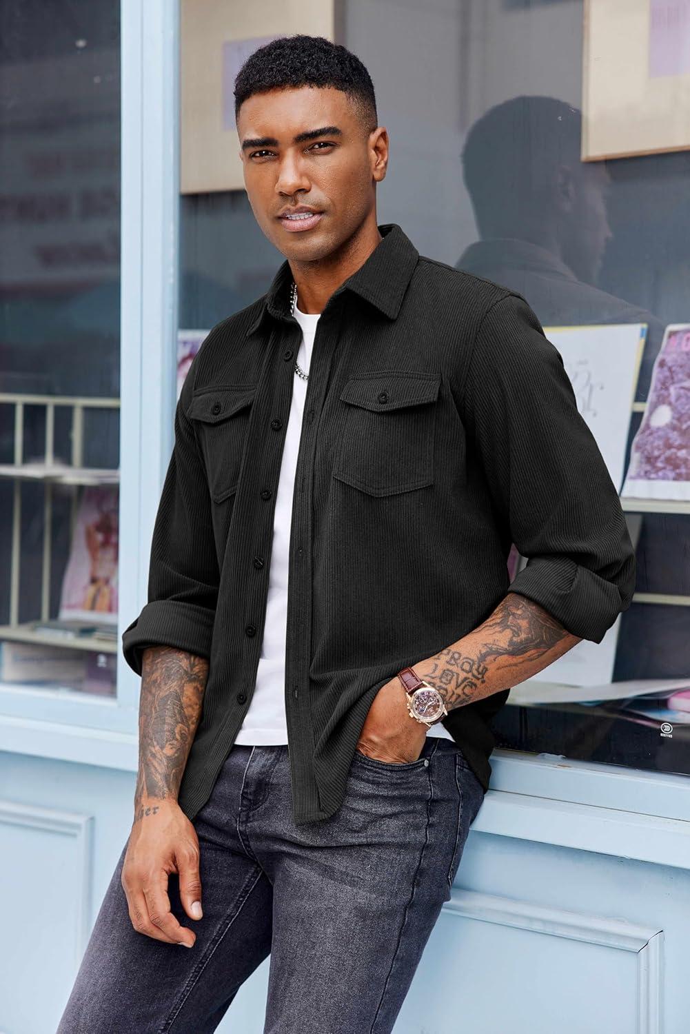 imageCOOFANDY Mens Corduroy Button Down Shirts Jackets Casual Long Sleeve Shacket Lightweight Overshirts with Flap PocketsBlack