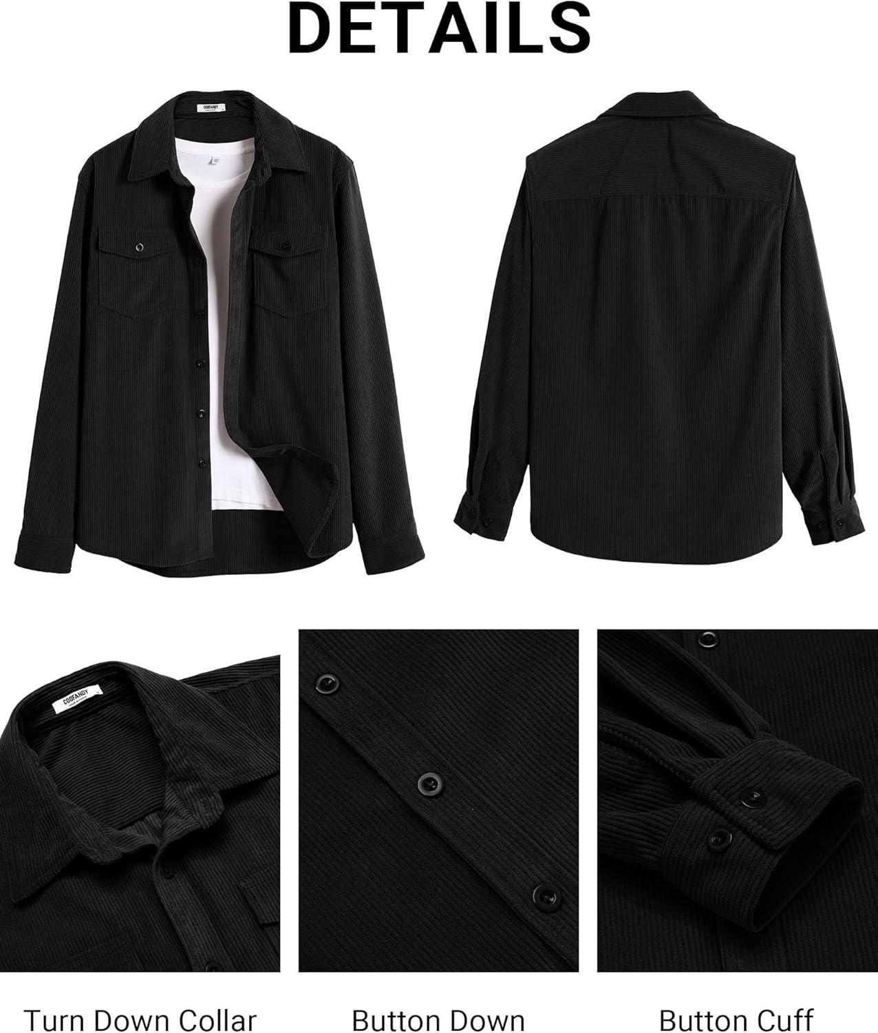 imageCOOFANDY Mens Corduroy Button Down Shirts Jackets Casual Long Sleeve Shacket Lightweight Overshirts with Flap PocketsBlack