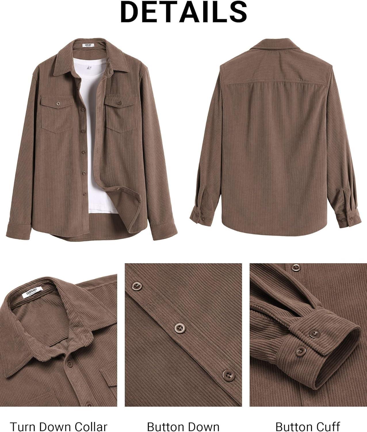 imageCOOFANDY Mens Corduroy Button Down Shirts Jackets Casual Long Sleeve Shacket Lightweight Overshirts with Flap PocketsBrown