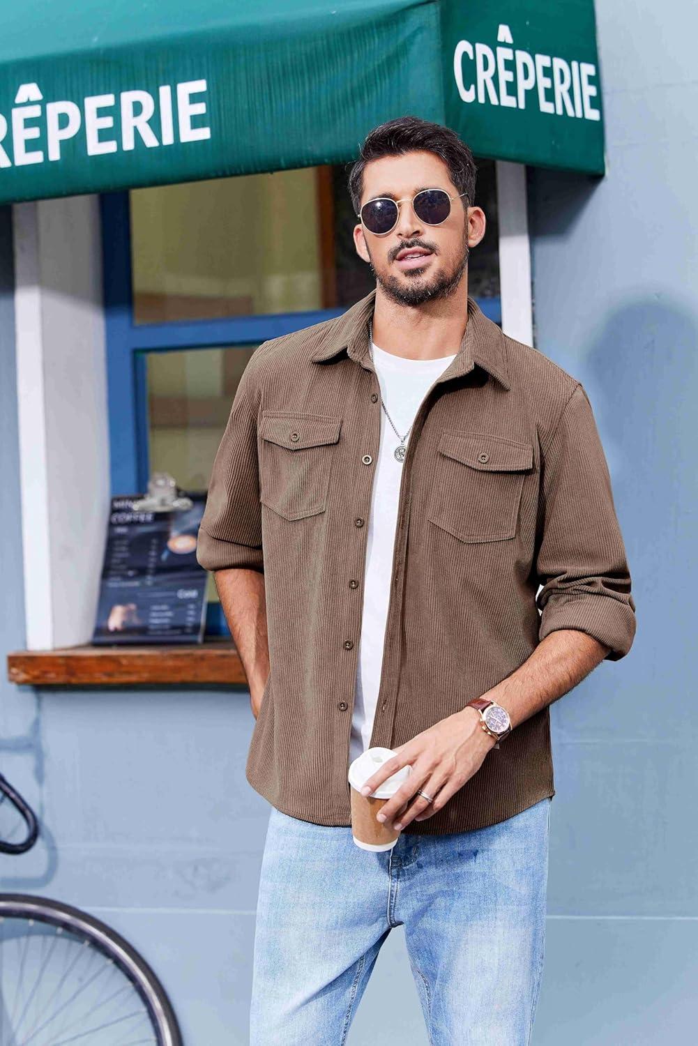 imageCOOFANDY Mens Corduroy Button Down Shirts Jackets Casual Long Sleeve Shacket Lightweight Overshirts with Flap PocketsBrown