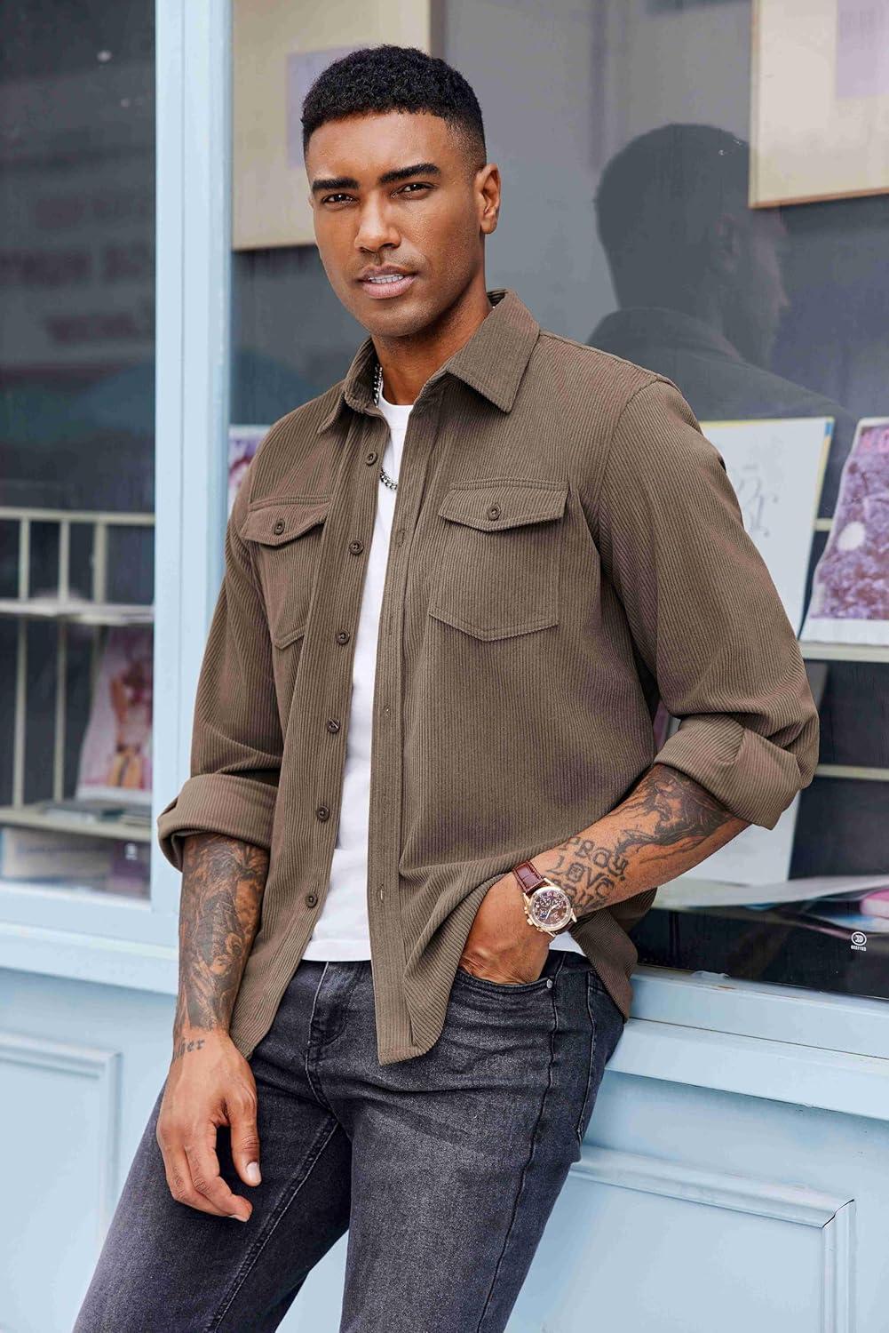 imageCOOFANDY Mens Corduroy Button Down Shirts Jackets Casual Long Sleeve Shacket Lightweight Overshirts with Flap PocketsBrown