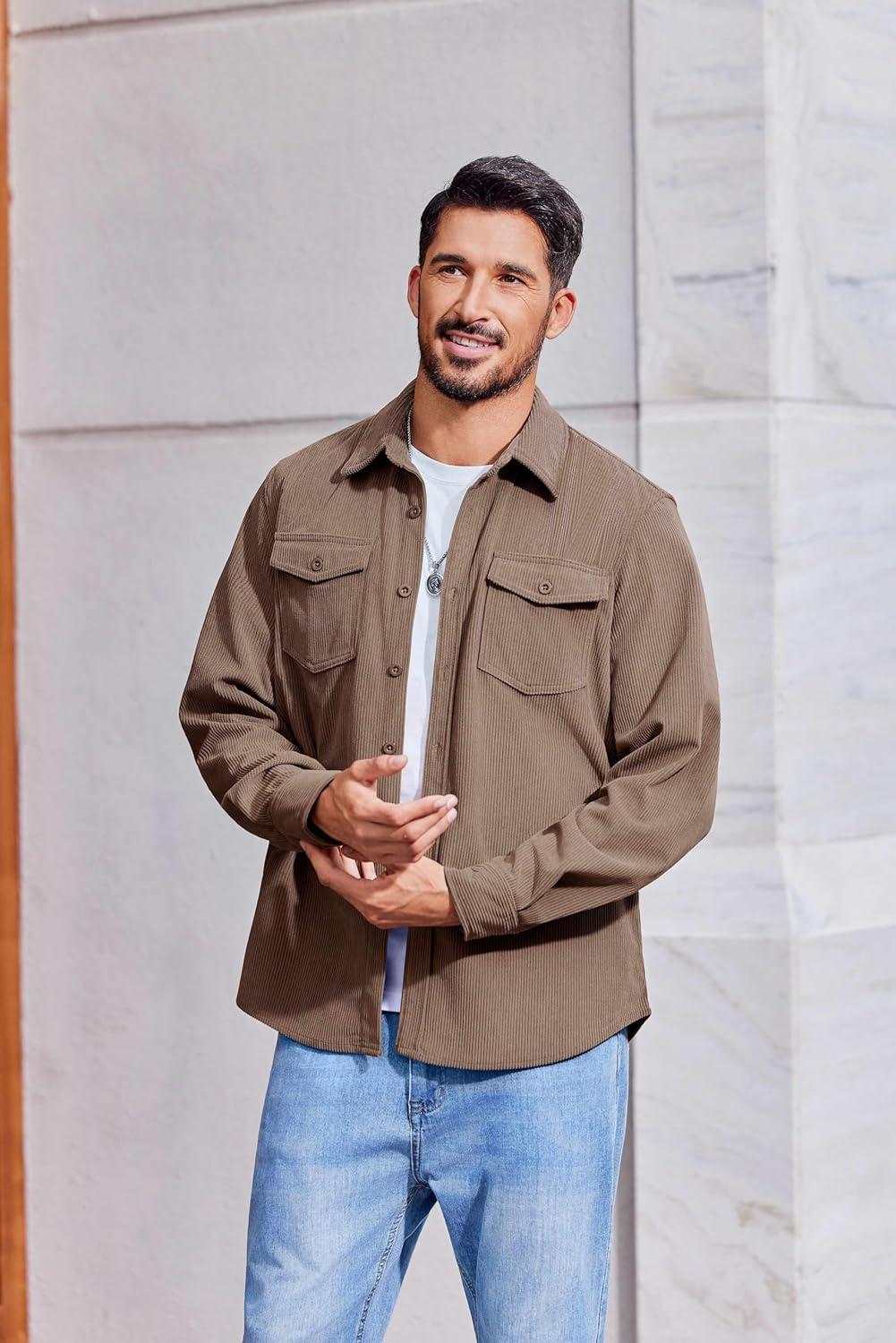 imageCOOFANDY Mens Corduroy Button Down Shirts Jackets Casual Long Sleeve Shacket Lightweight Overshirts with Flap PocketsBrown