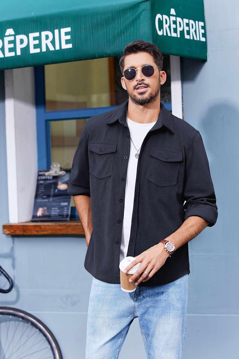 imageCOOFANDY Mens Corduroy Button Down Shirts Jackets Casual Long Sleeve Shacket Lightweight Overshirts with Flap PocketsDark Blue