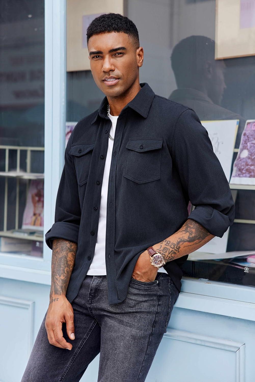 imageCOOFANDY Mens Corduroy Button Down Shirts Jackets Casual Long Sleeve Shacket Lightweight Overshirts with Flap PocketsDark Blue